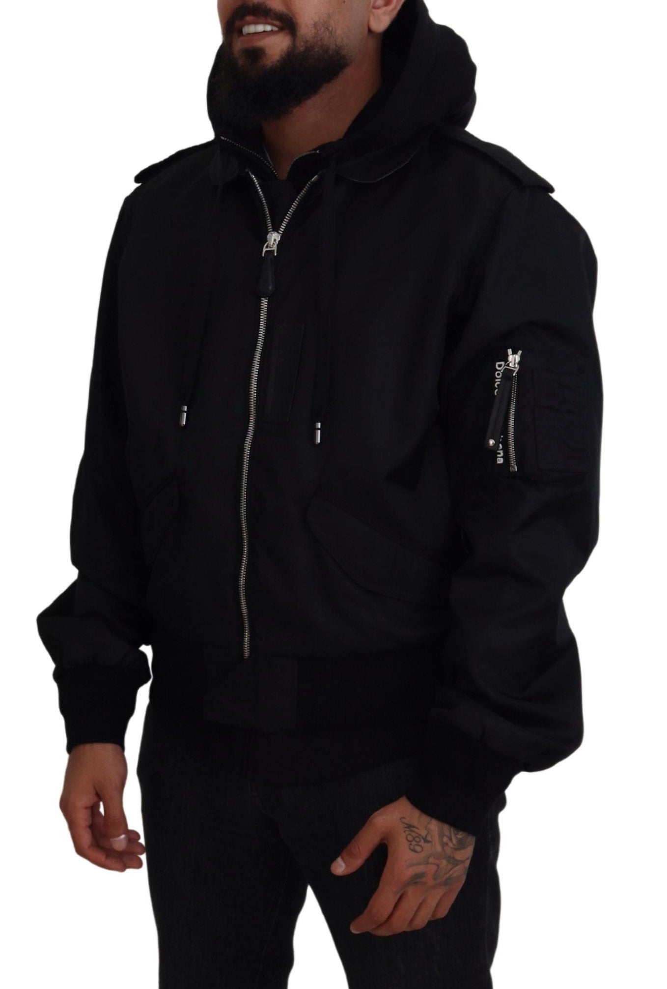 Black Nylon Hooded Full Zip Men Coat Jacket - ventzia
