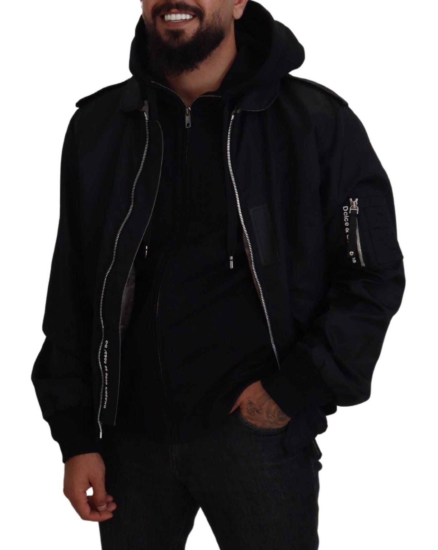 Black Nylon Hooded Full Zip Men Coat Jacket - ventzia