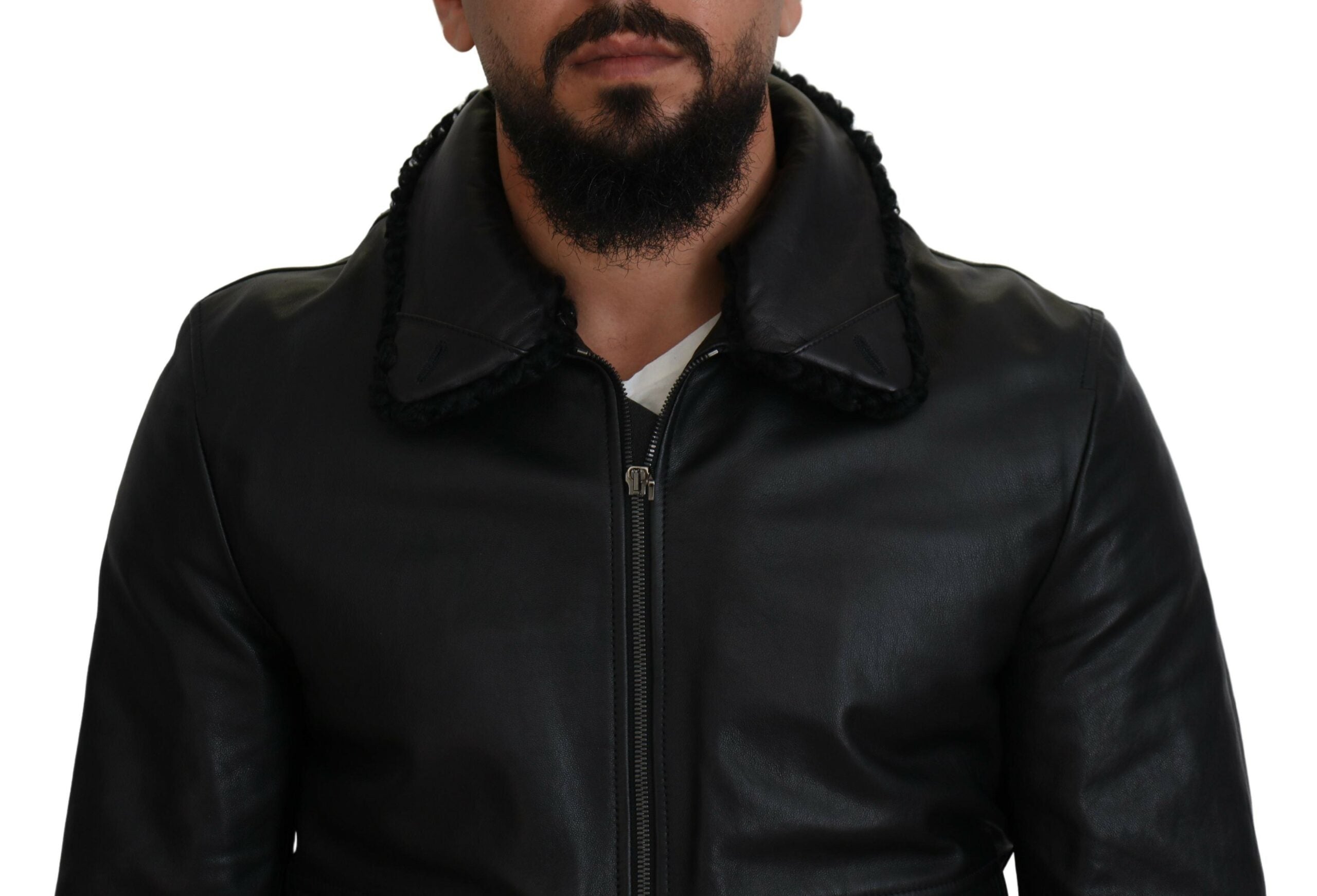 Black Lamb Leather Collared Men Coat Jacket - ventzia