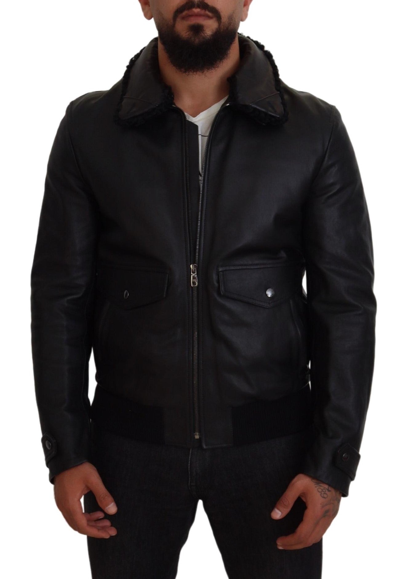 Black Lamb Leather Collared Men Coat Jacket - ventzia