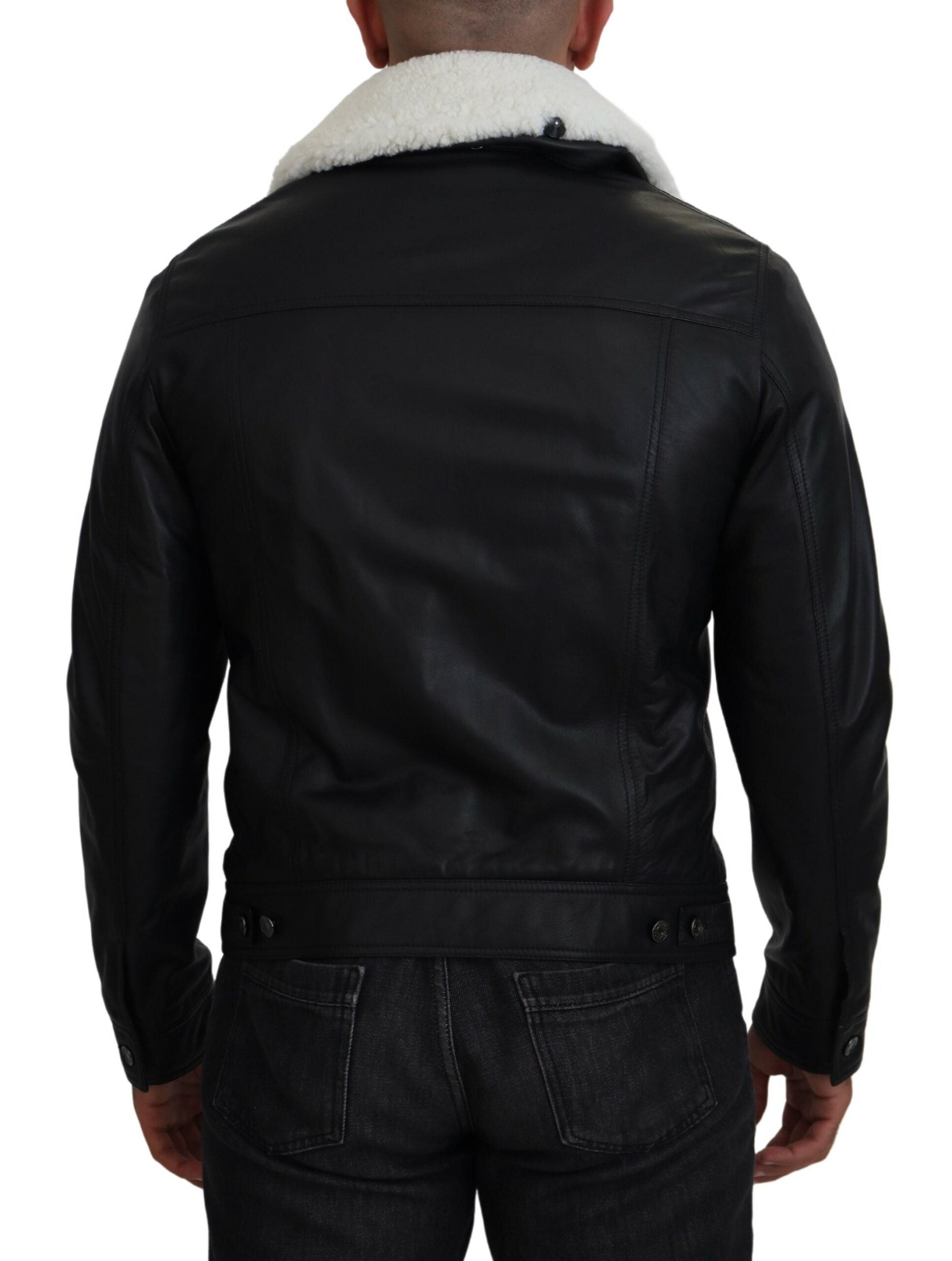 Black Lamb Leather Collared Men Coat Jacket - ventzia