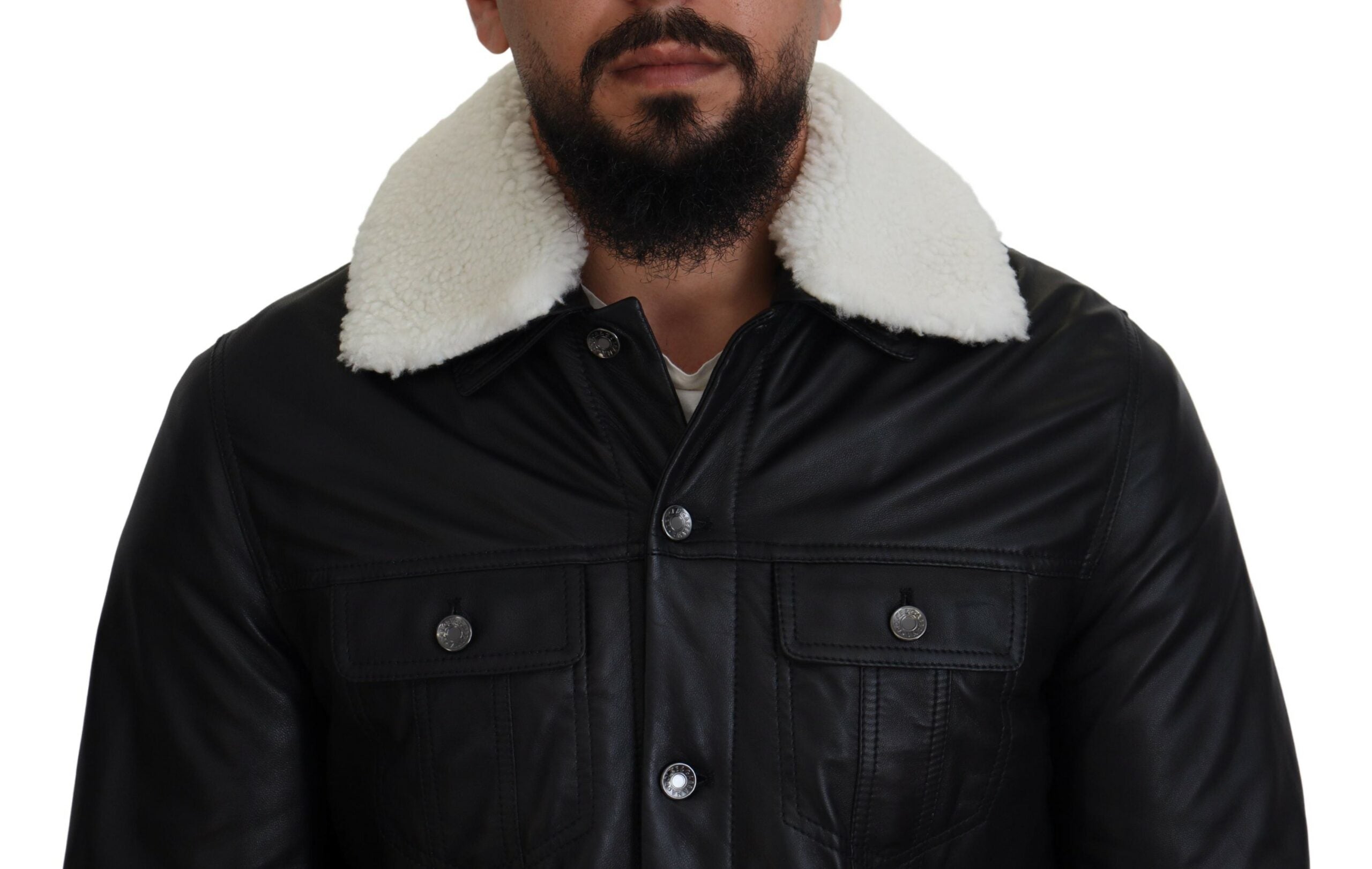 Black Lamb Leather Collared Men Coat Jacket - ventzia