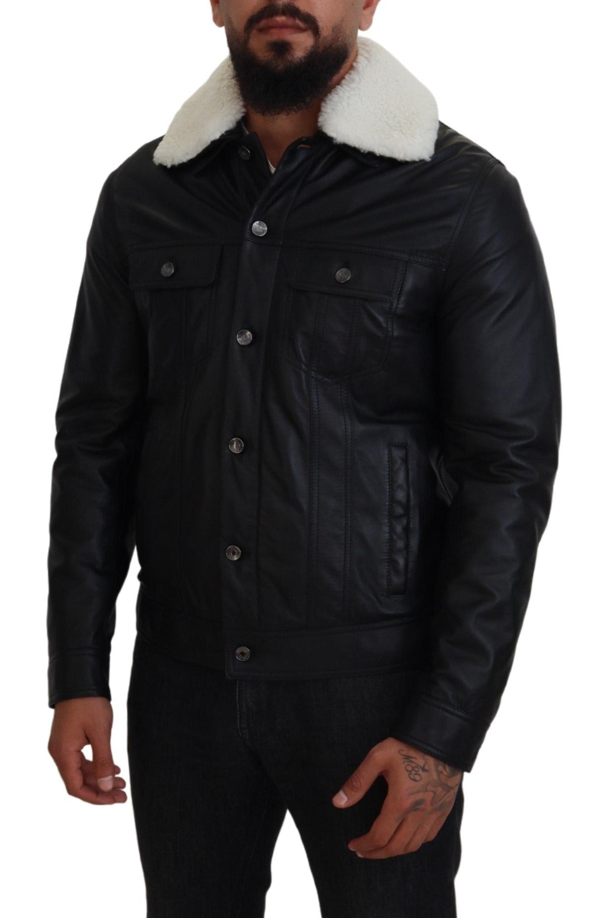 Black Lamb Leather Collared Men Coat Jacket - ventzia