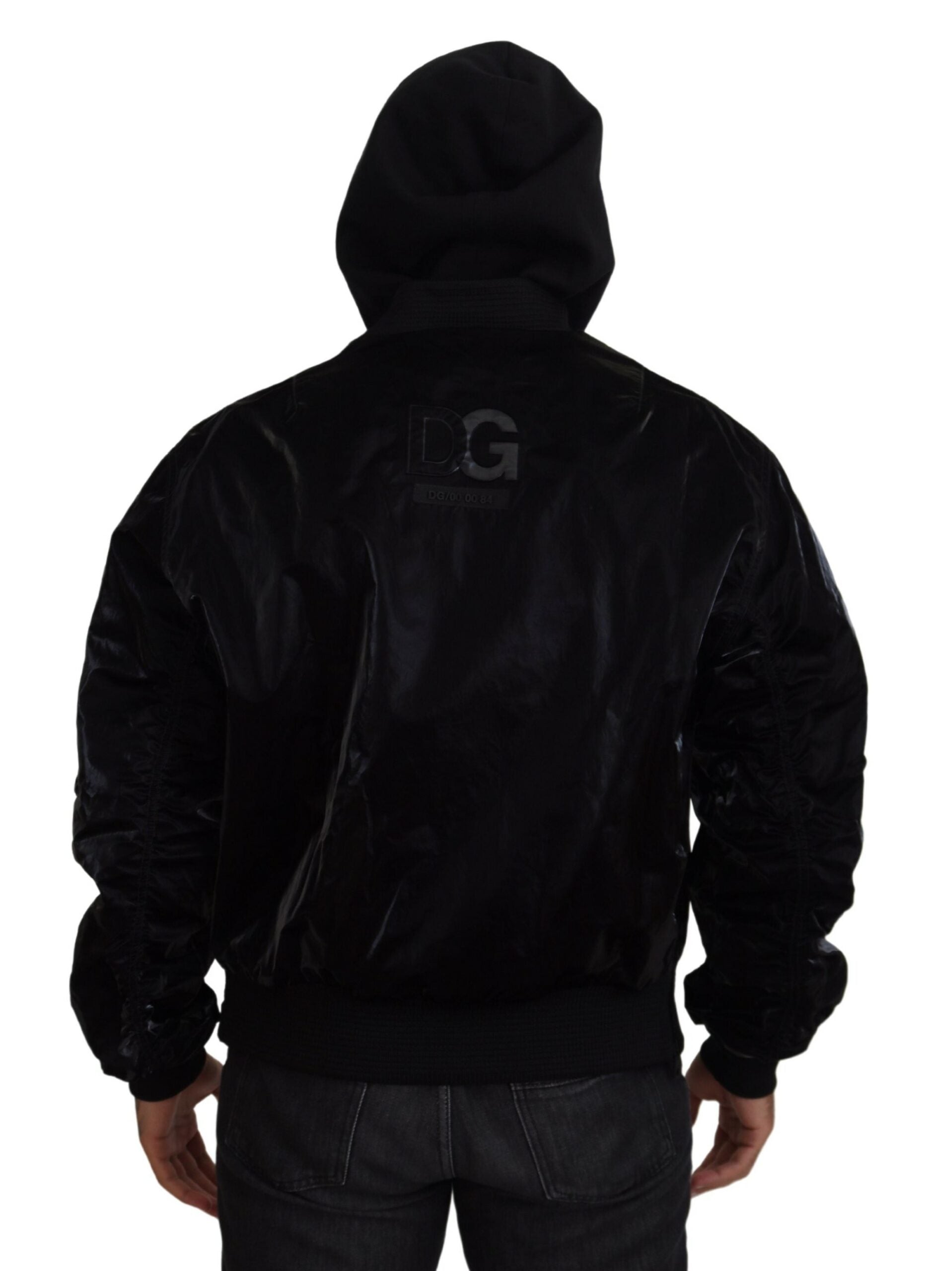 Black Nylon Hooded Full Zip Bomber Jacket - ventzia