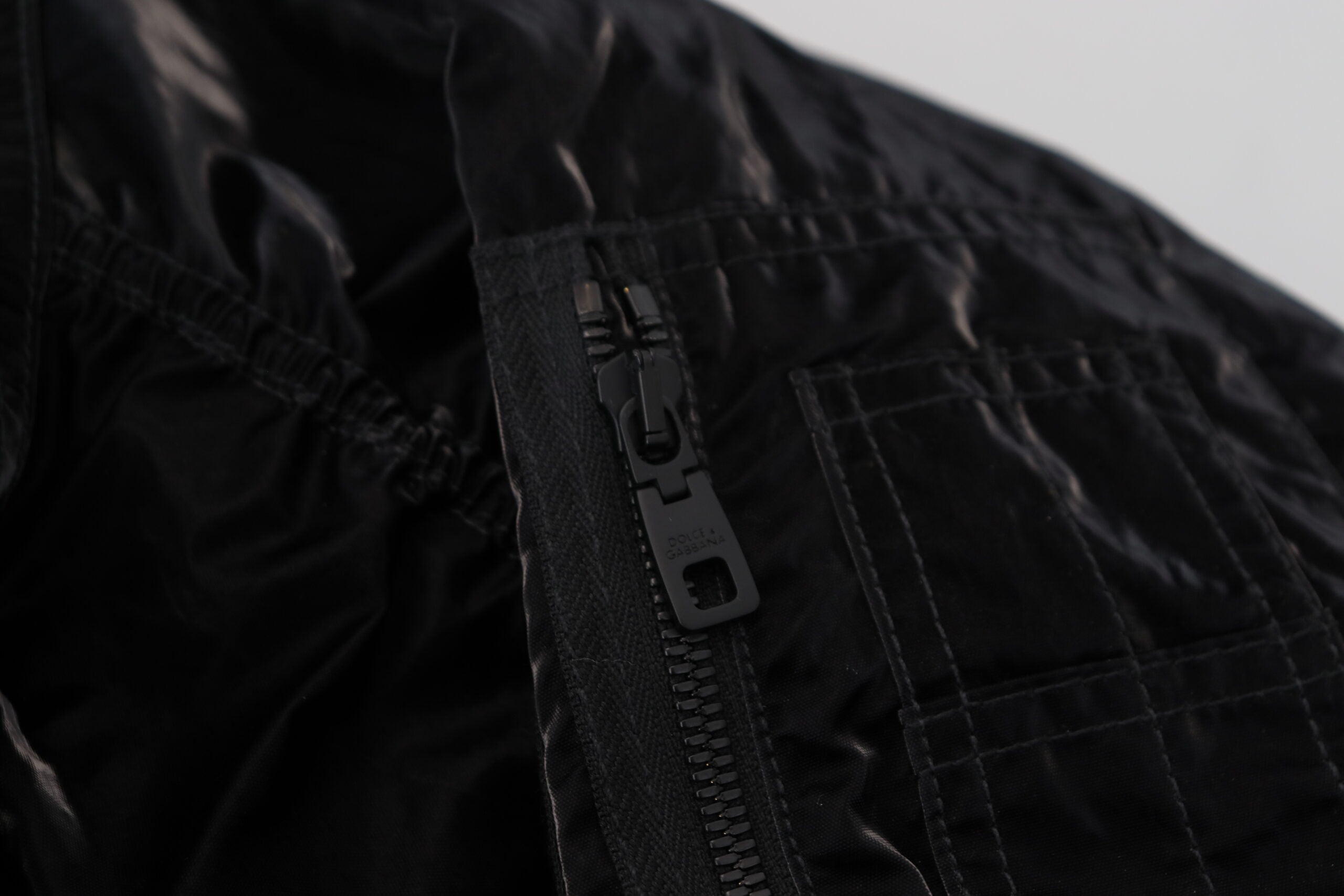 Black Nylon Hooded Full Zip Bomber Jacket - ventzia