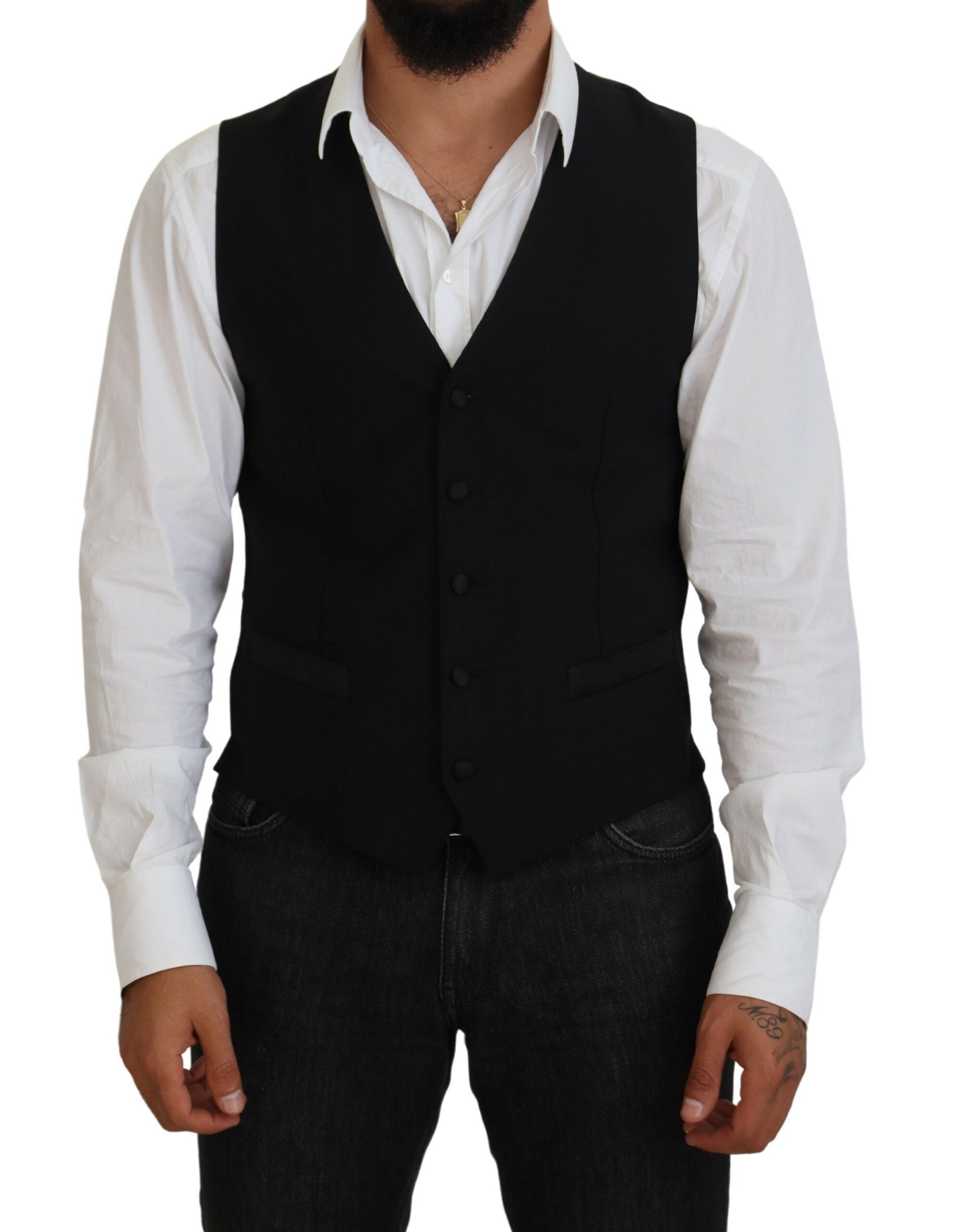 Black Virgin Wool Waistcoat Formal Vest - ventzia