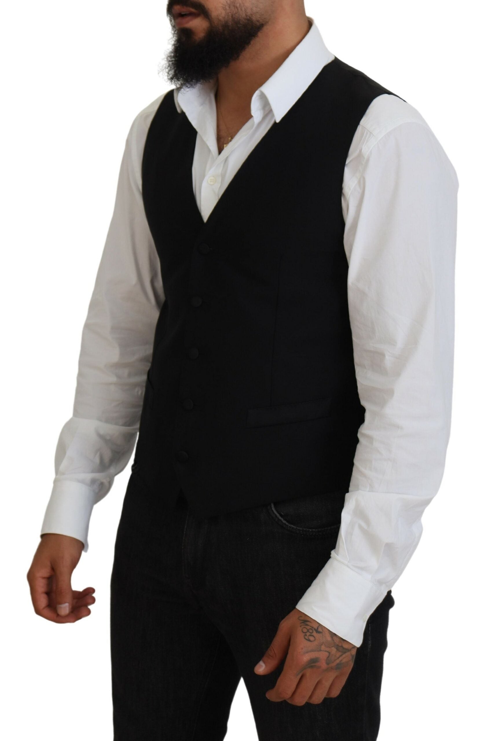 Black Virgin Wool Waistcoat Formal Vest - ventzia