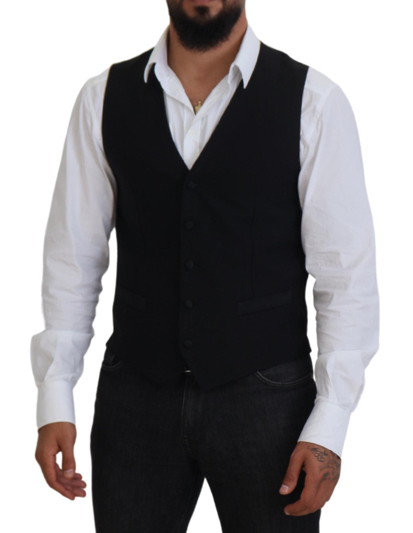 Black Virgin Wool Waistcoat Formal Vest - ventzia