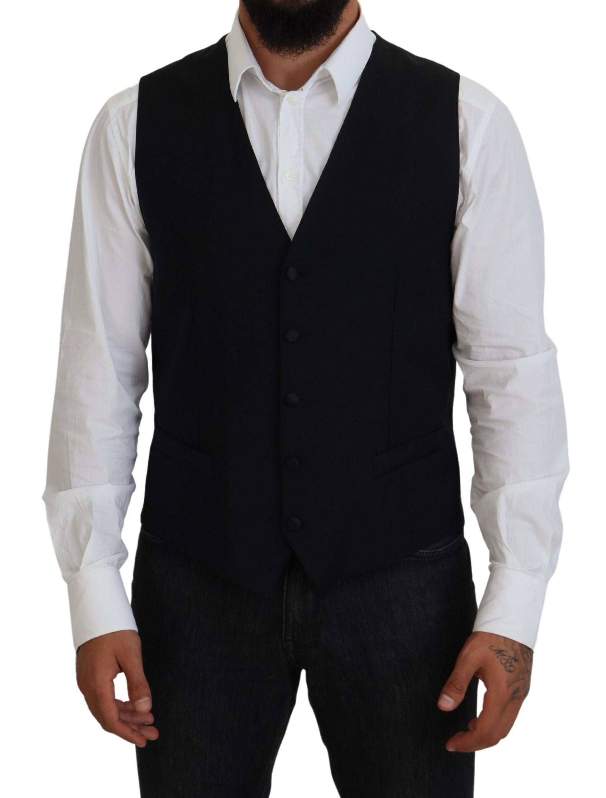 Black Virgin Wool Waistcoat Formal Vest - ventzia