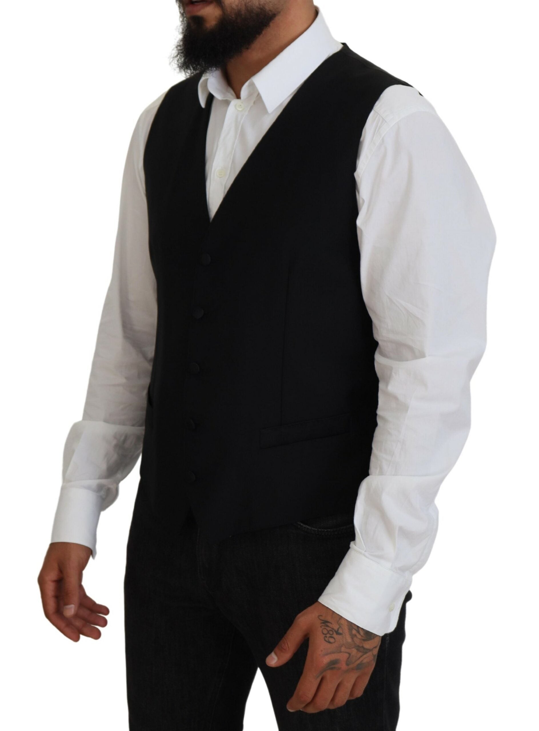 Black Virgin Wool Waistcoat Formal Vest - ventzia