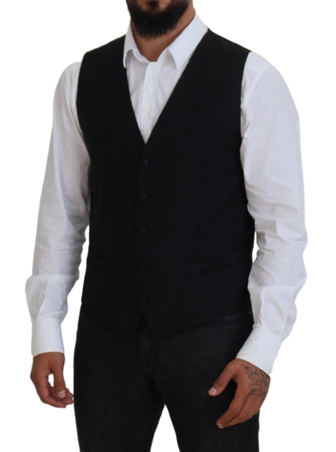 Black Virgin Wool Waistcoat Formal Vest - ventzia