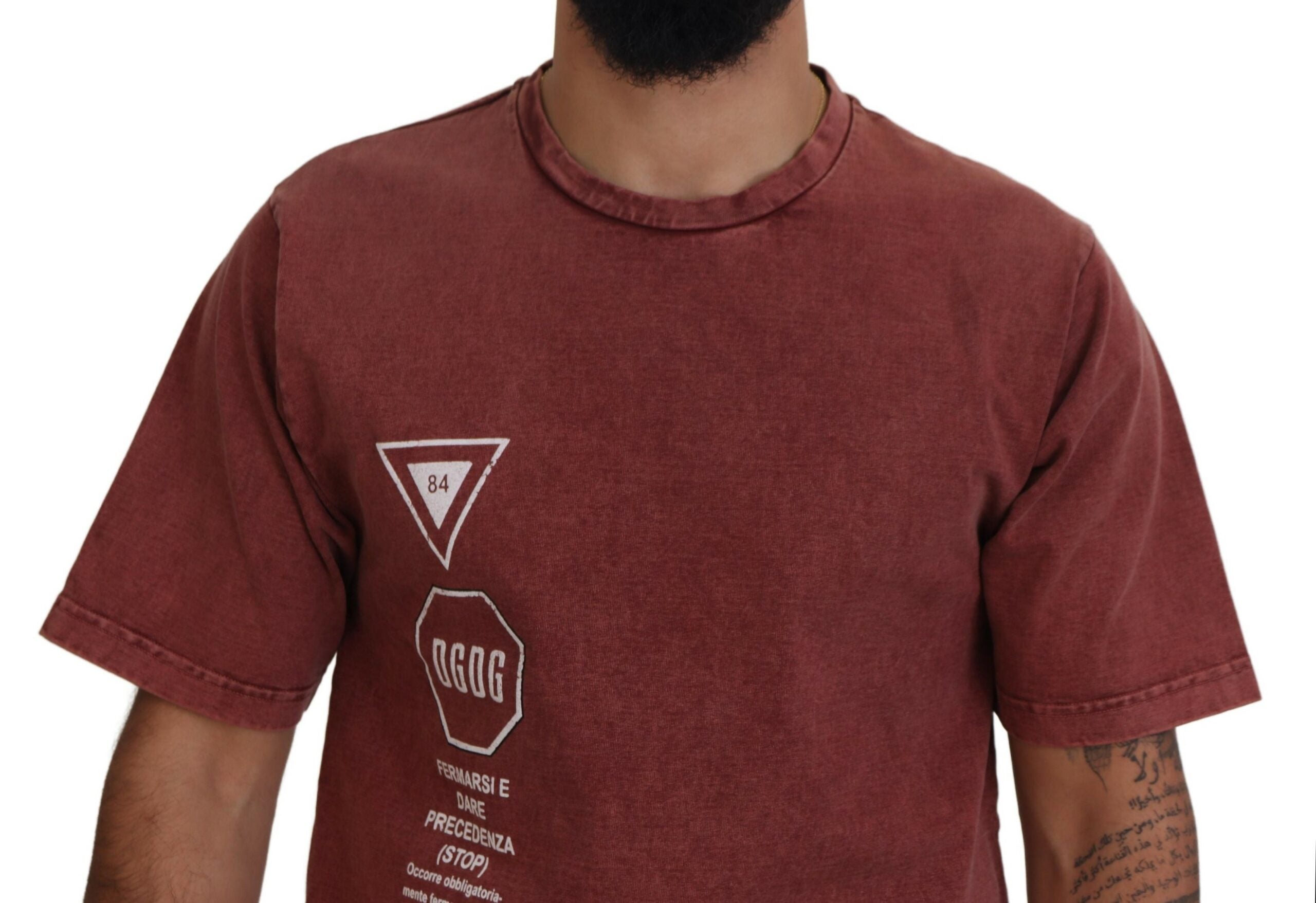 Maroon Print Round Neck Short Sleeves T-shirt - ventzia