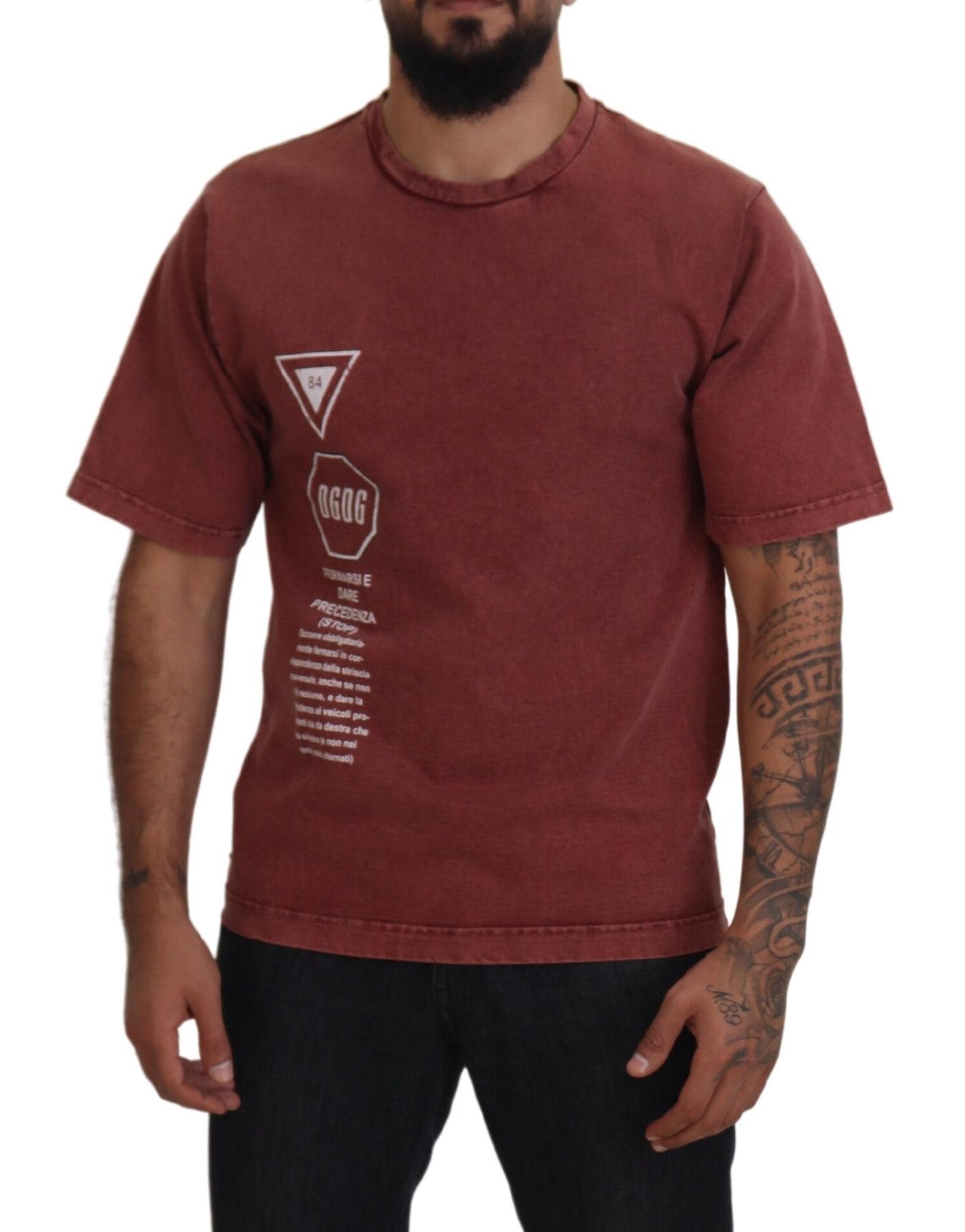 Maroon Print Round Neck Short Sleeves T-shirt - ventzia
