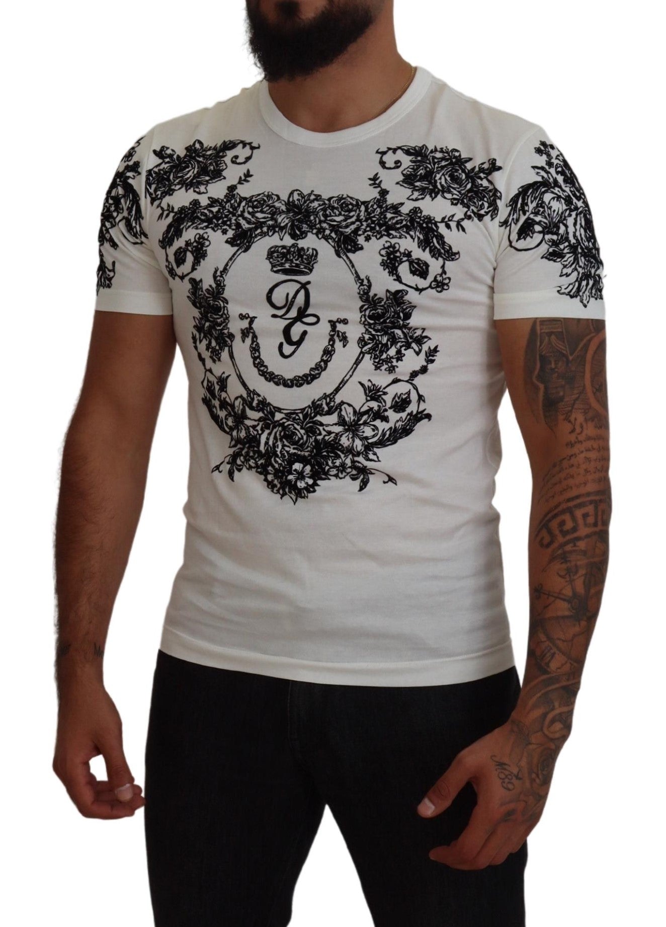 White DG Crown Floral Crewneck Men T-shirt - ventzia