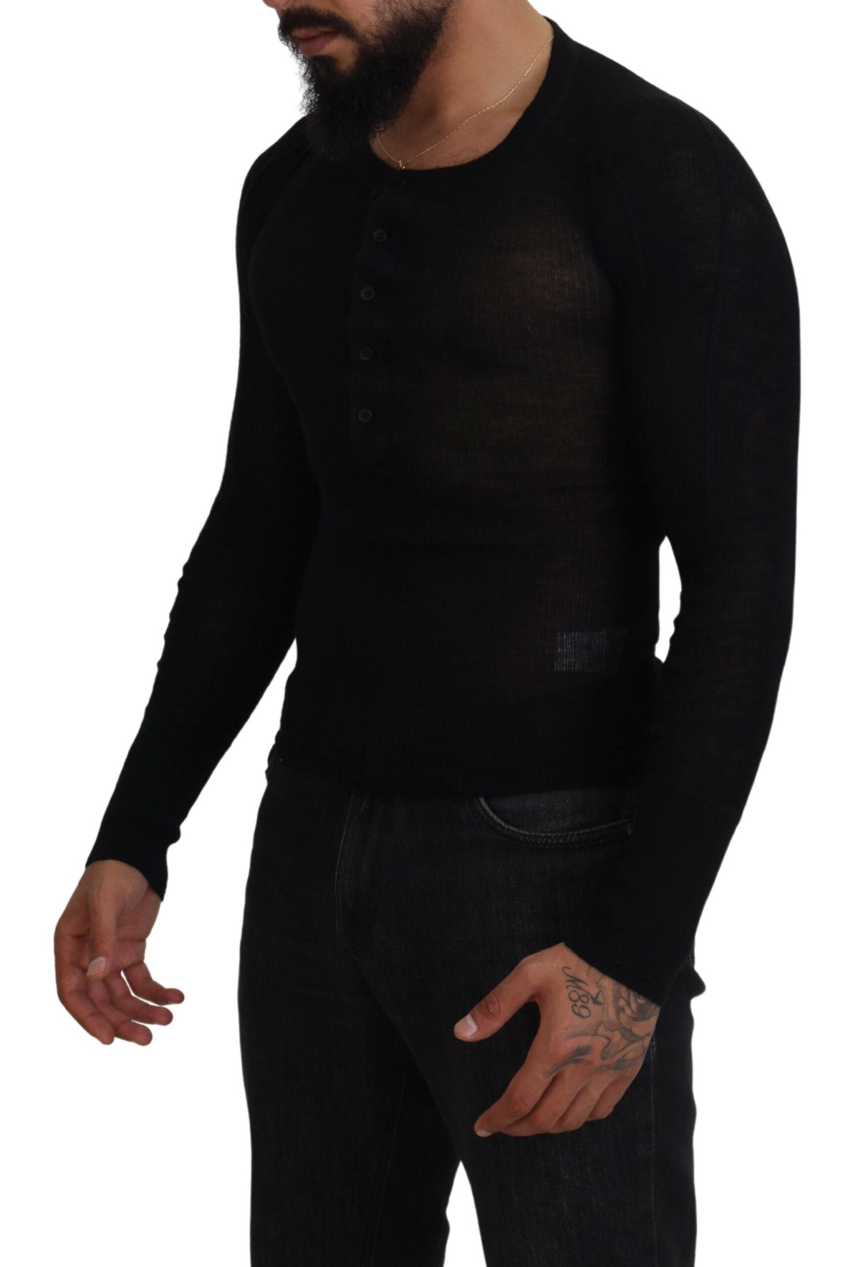 Black Cashmere Button Pullover Sweater - ventzia