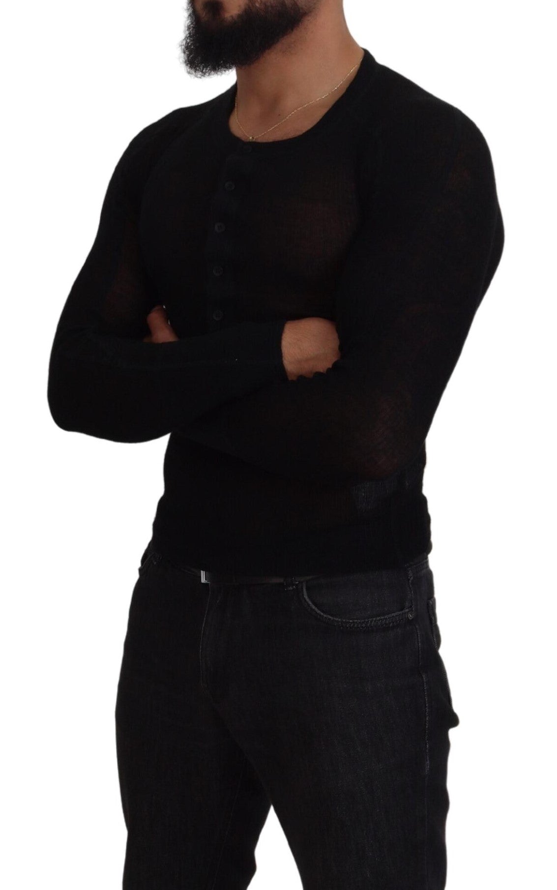 Black Cashmere Button Pullover Sweater - ventzia