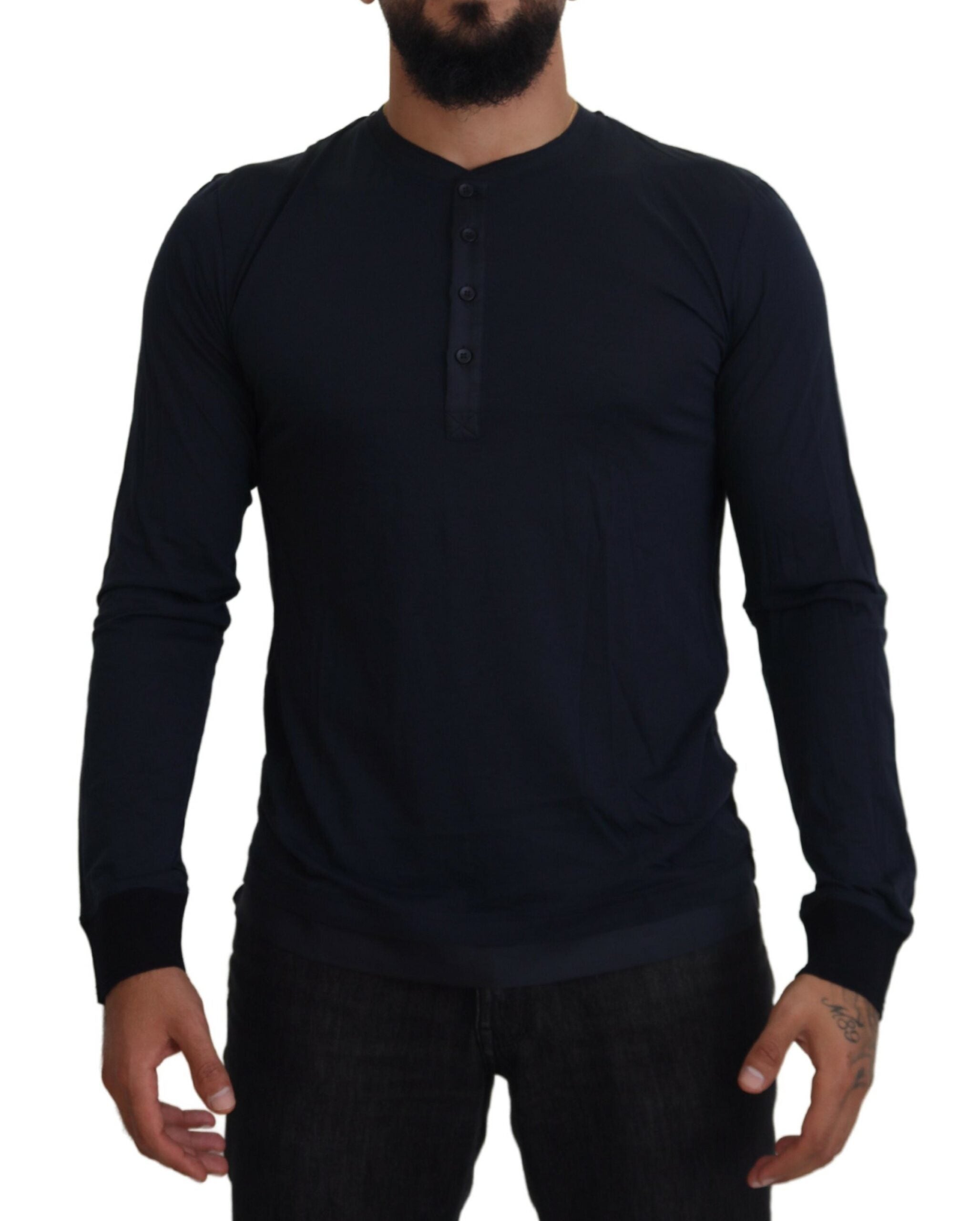 Blue Cotton Button Crewneck Pullover Sweater - ventzia