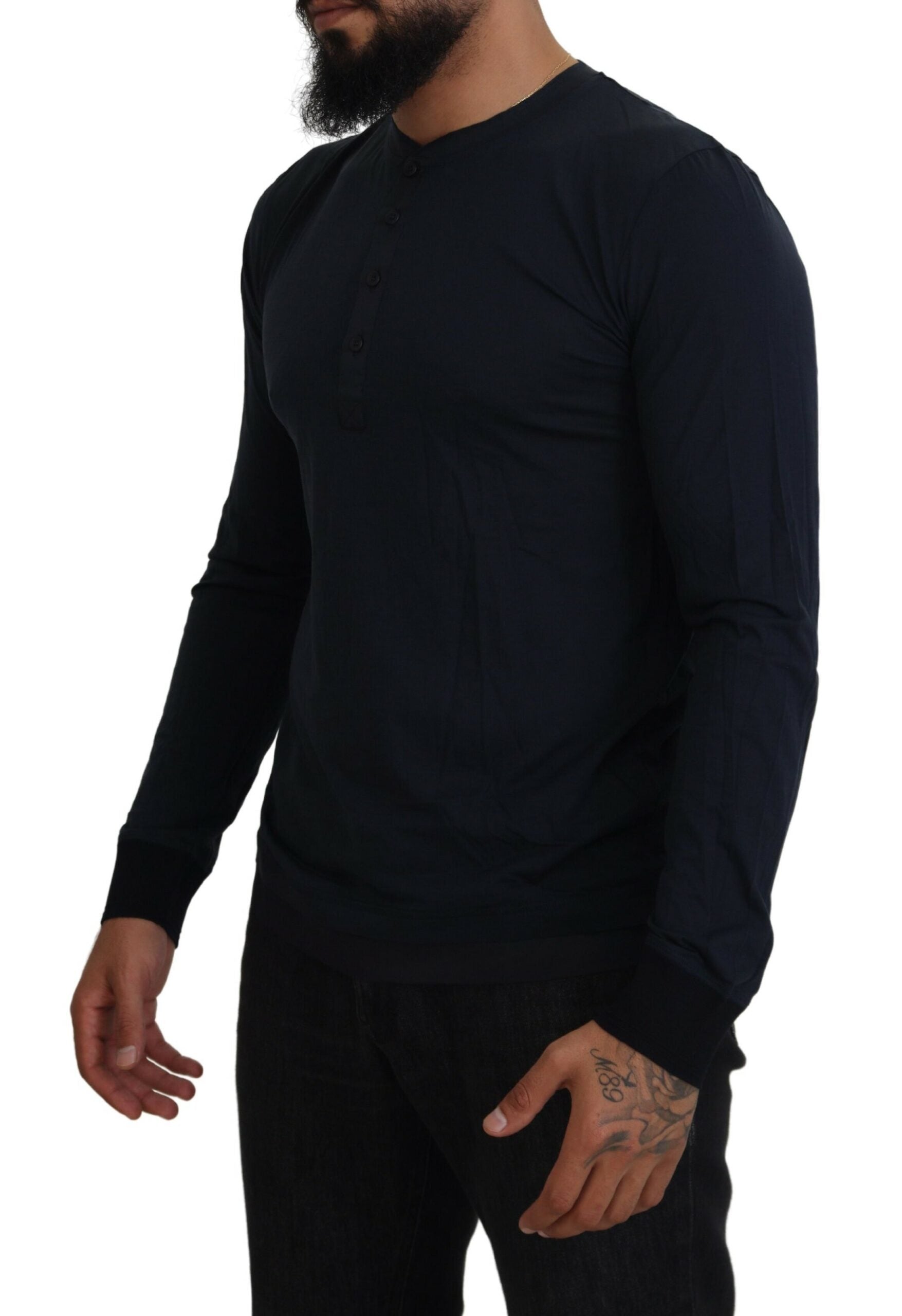 Blue Cotton Button Crewneck Pullover Sweater - ventzia