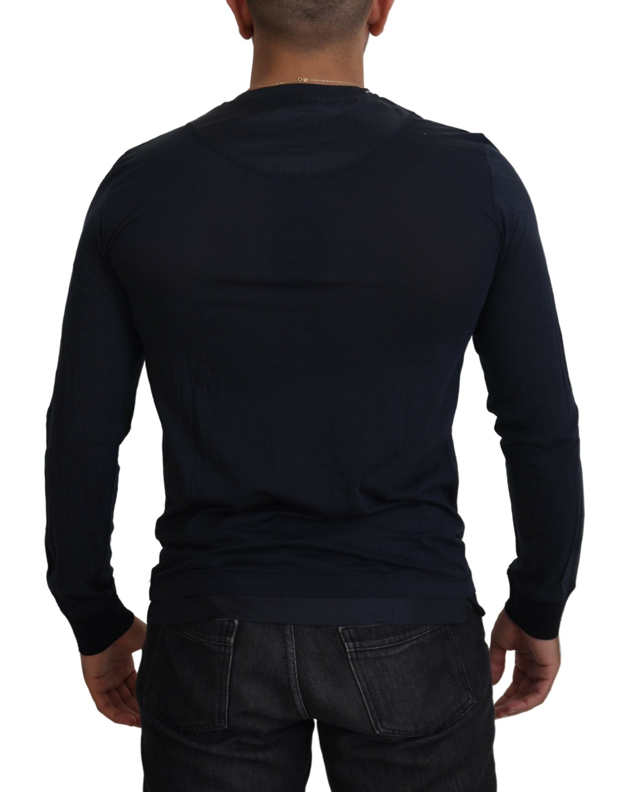 Blue Cotton Button Crewneck Pullover Sweater - ventzia