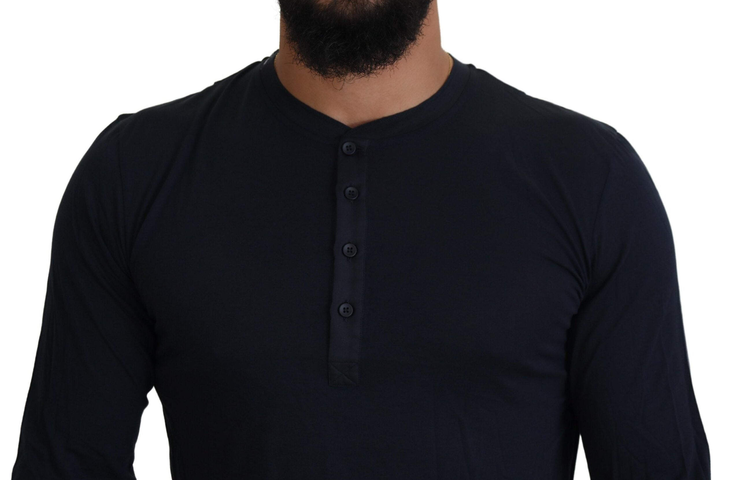 Blue Cotton Button Crewneck Pullover Sweater - ventzia