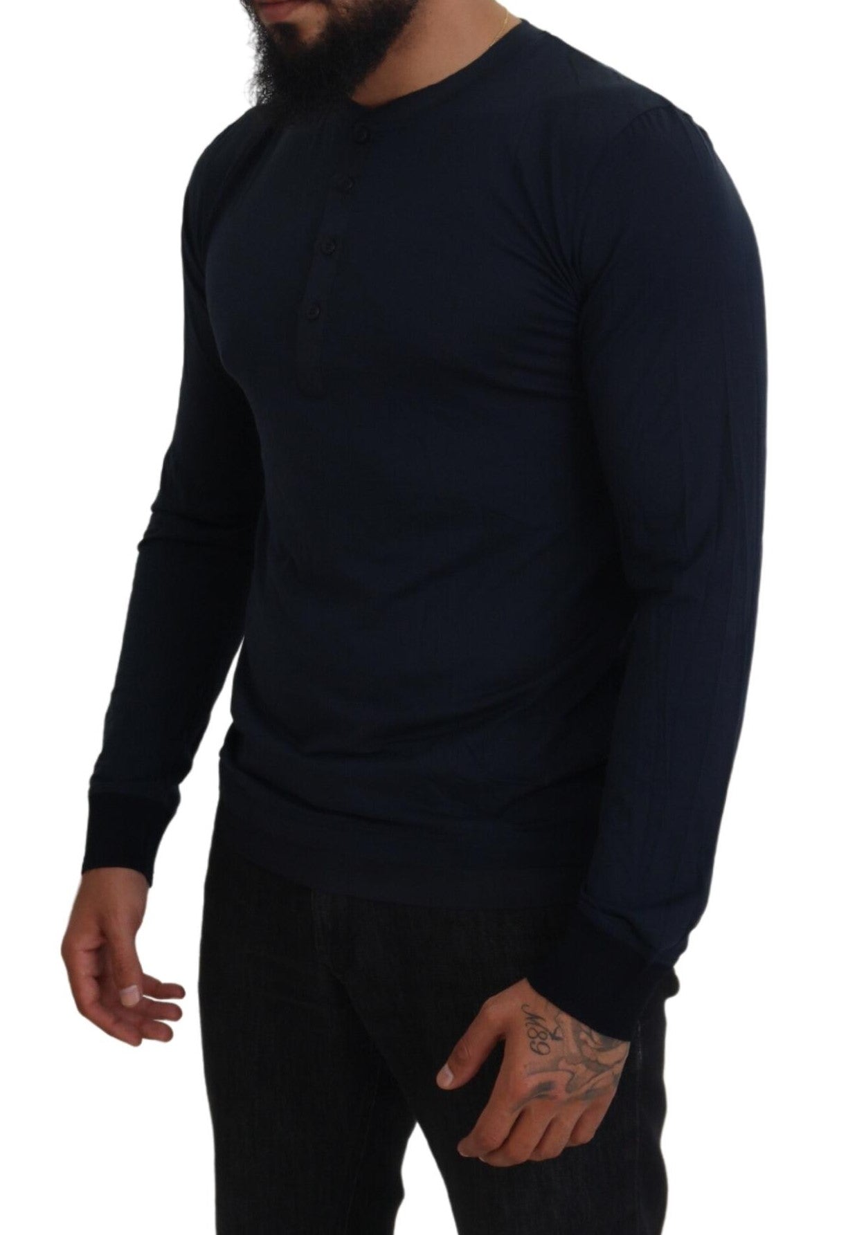 Blue Cotton Button Crewneck Pullover Sweater - ventzia