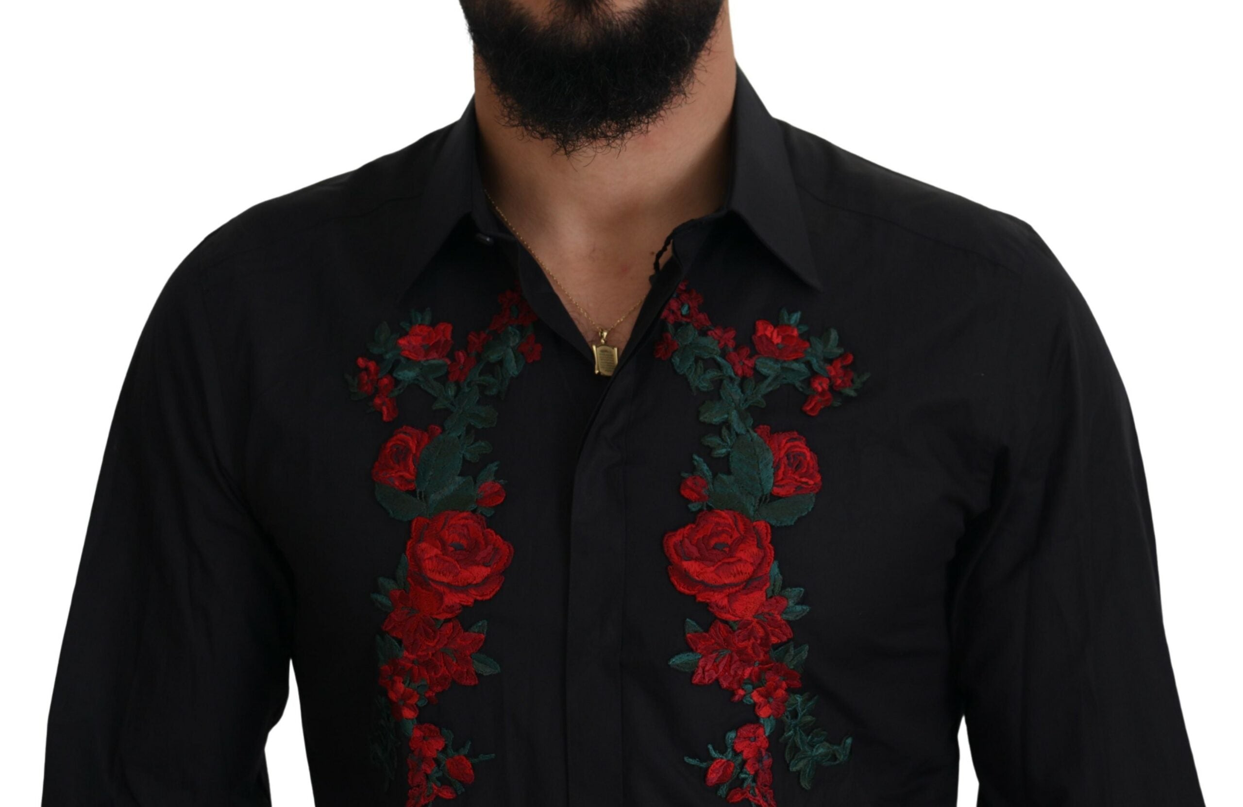 Black Floral Embroidery Men Long Sleeves GOLD Shirt - ventzia