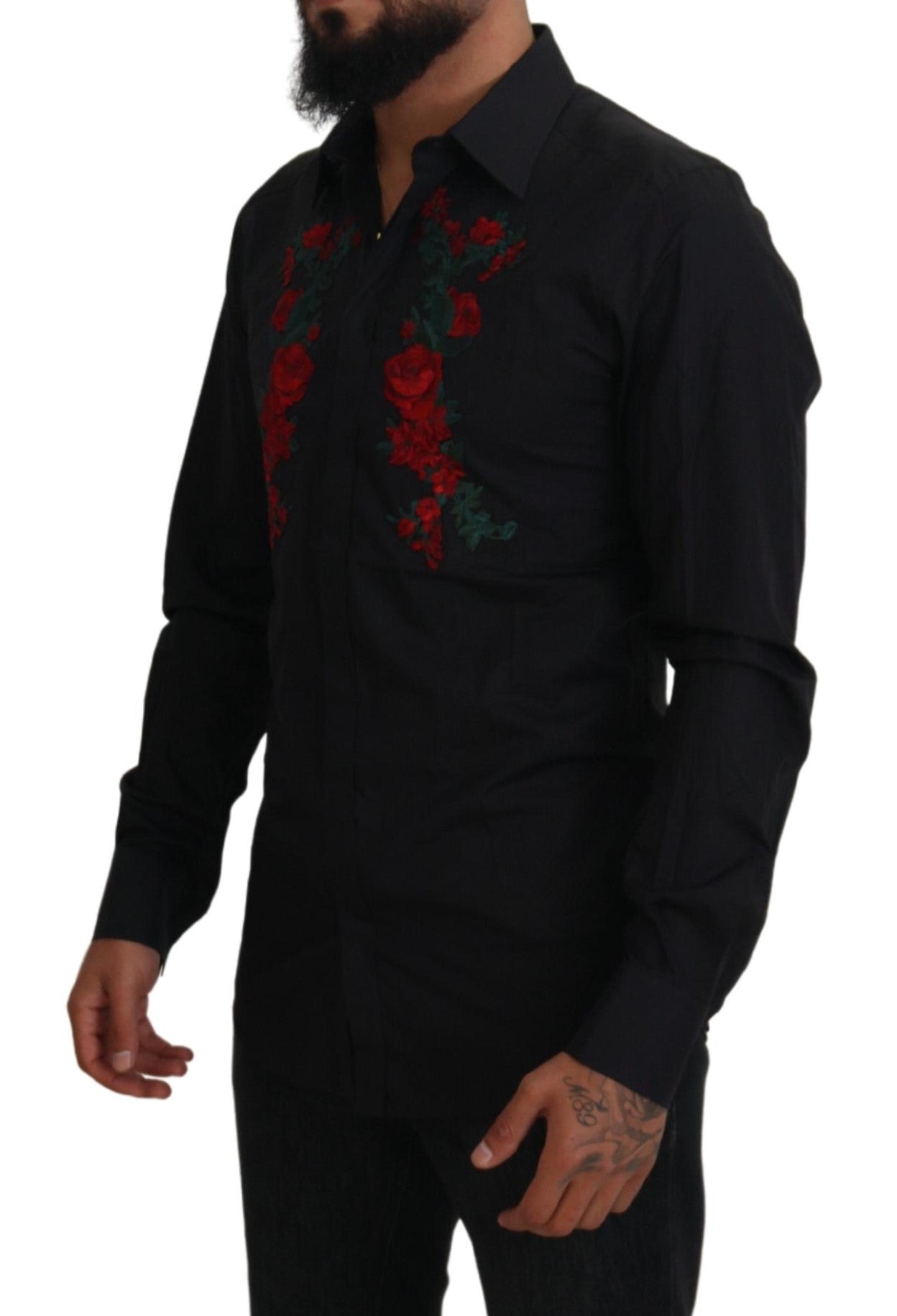 Black Floral Embroidery Men Long Sleeves GOLD Shirt - ventzia