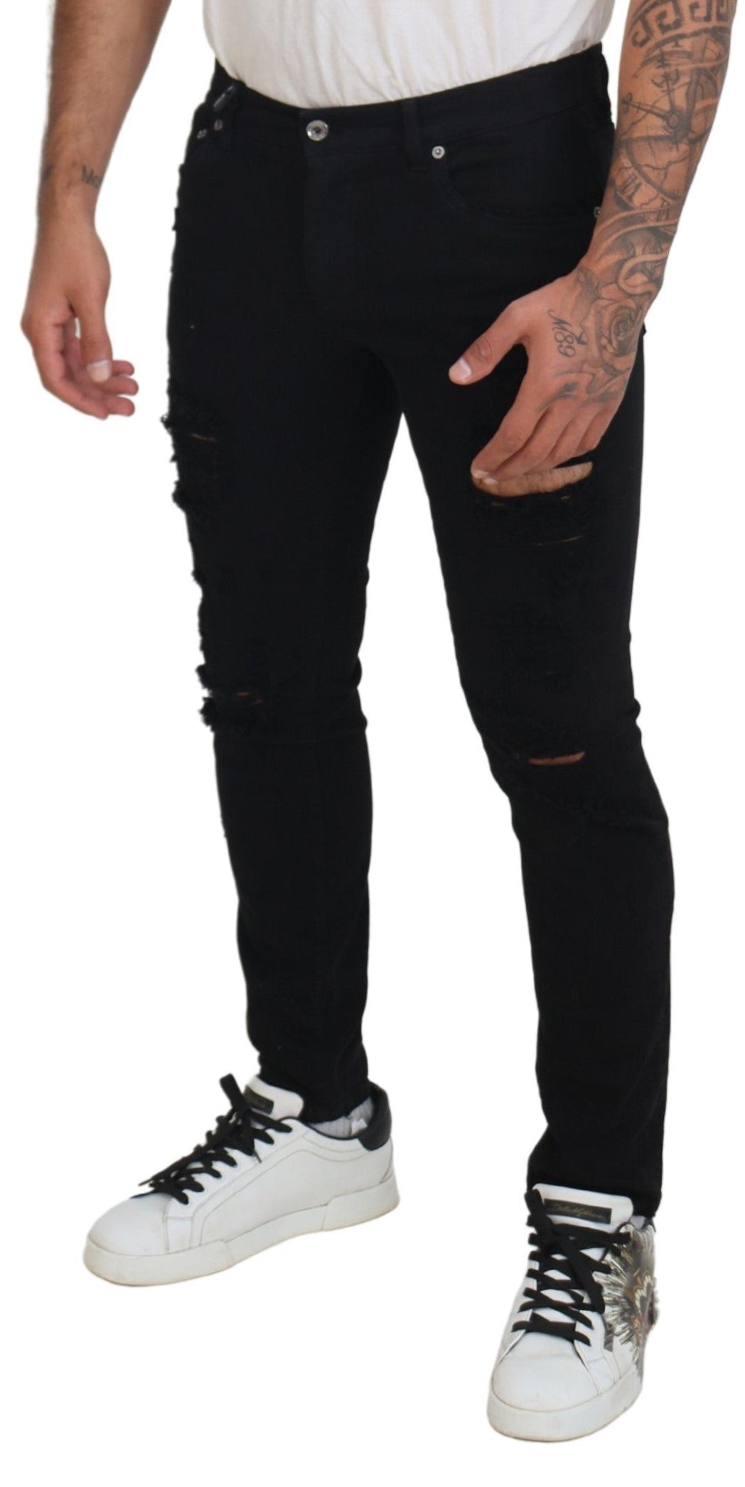 Black Slim Fit Tattered Denim Cotton Jeans - ventzia
