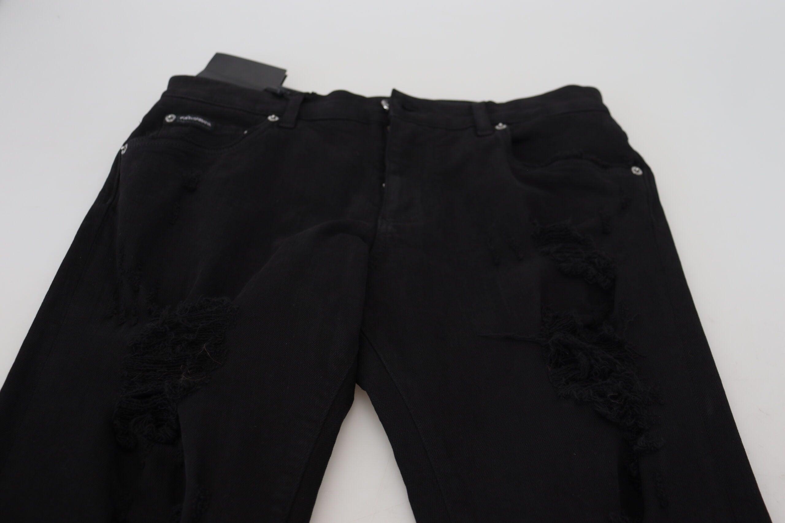 Black Slim Fit Tattered Denim Cotton Jeans - ventzia