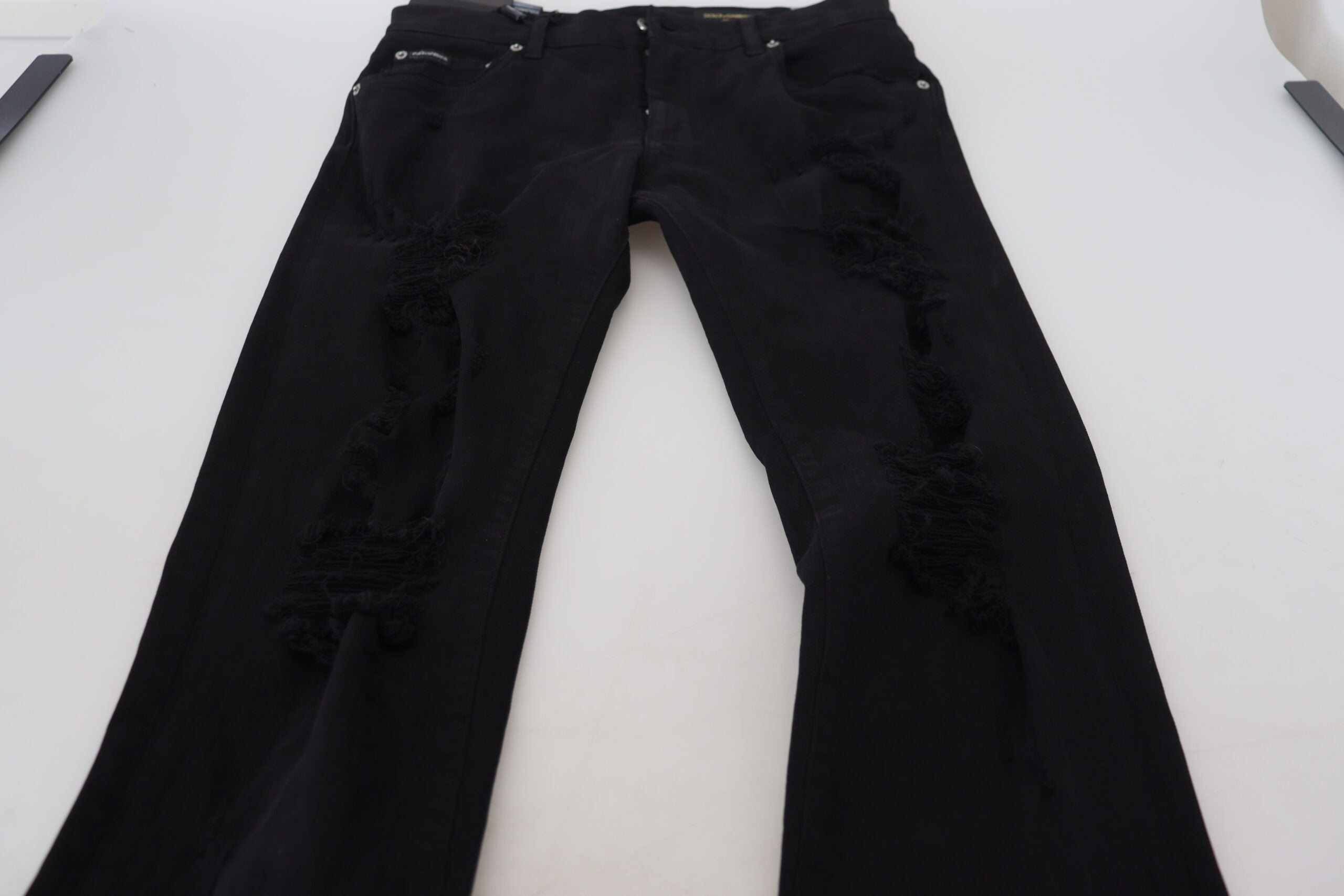 Black Slim Fit Tattered Denim Cotton Jeans - ventzia