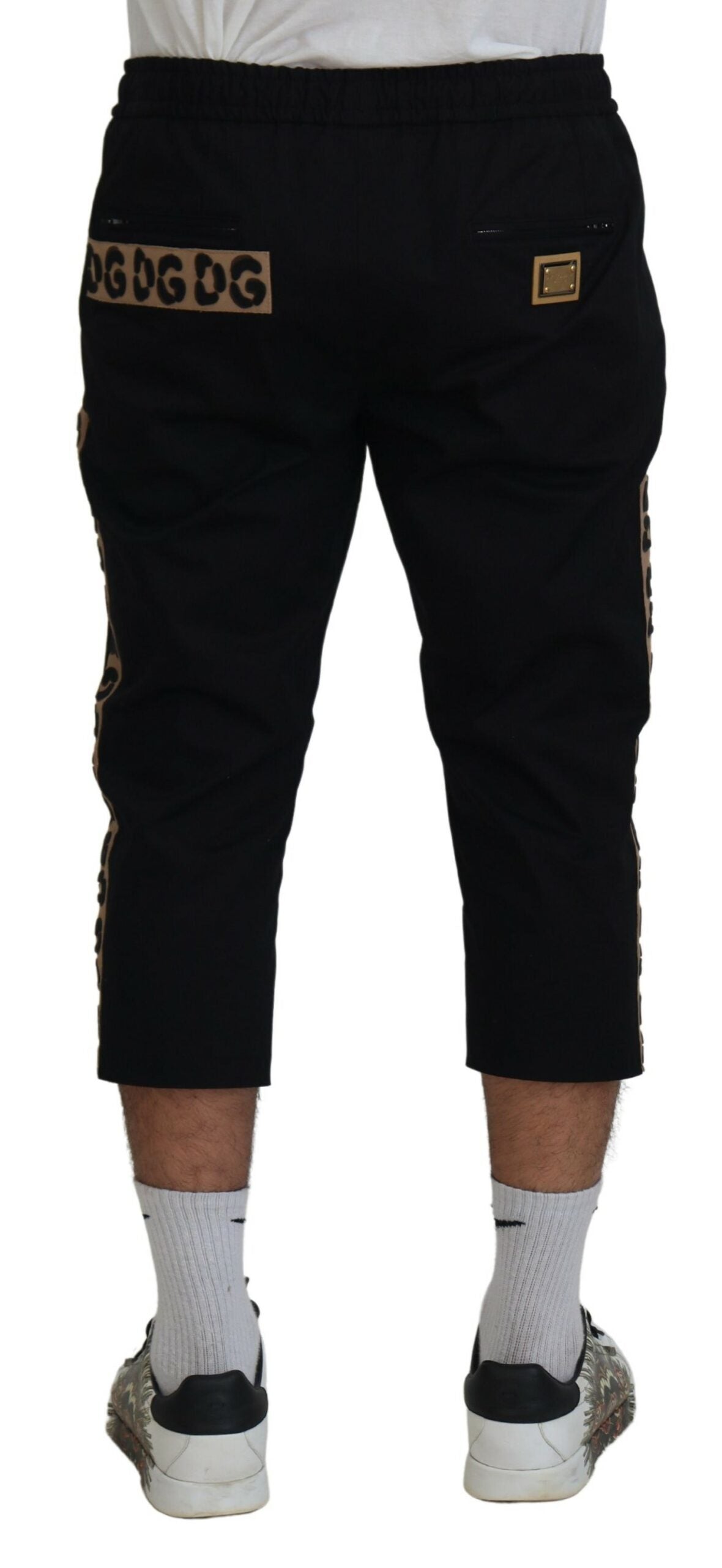 Black Cotton Elastic Waist DG Logo Cropped Pants - ventzia