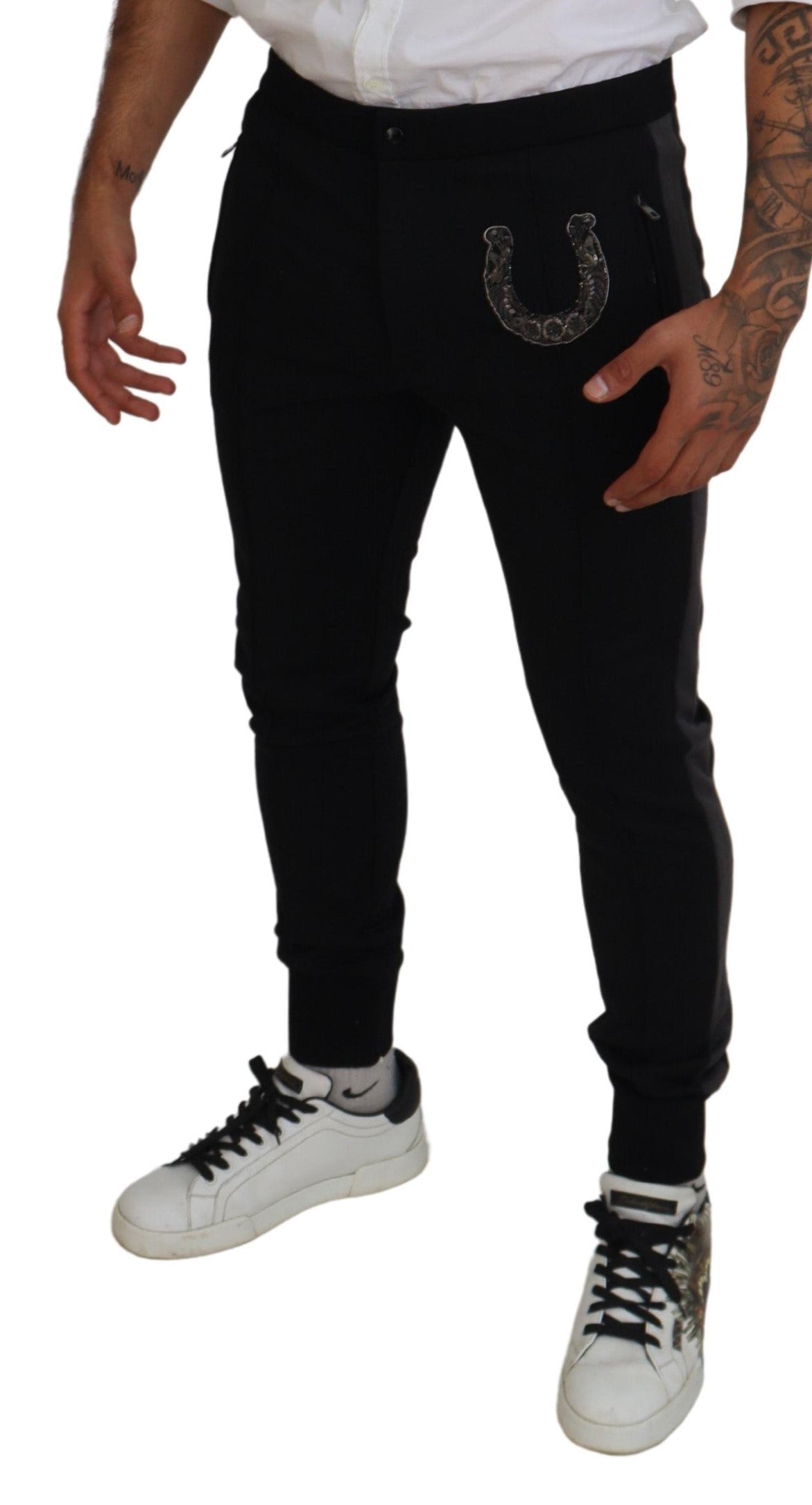 Black Wool Horseshoe Jogger Pants - ventzia