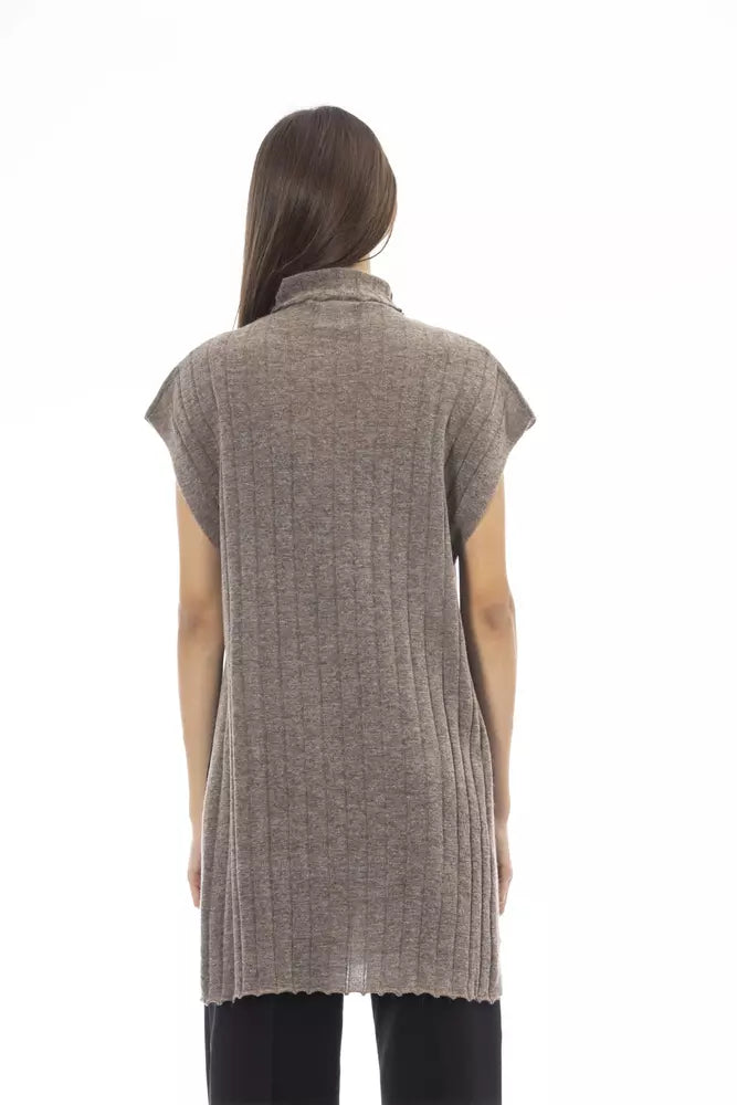 Brown Wool Women Sweater with Turtleneck and Side Slits
