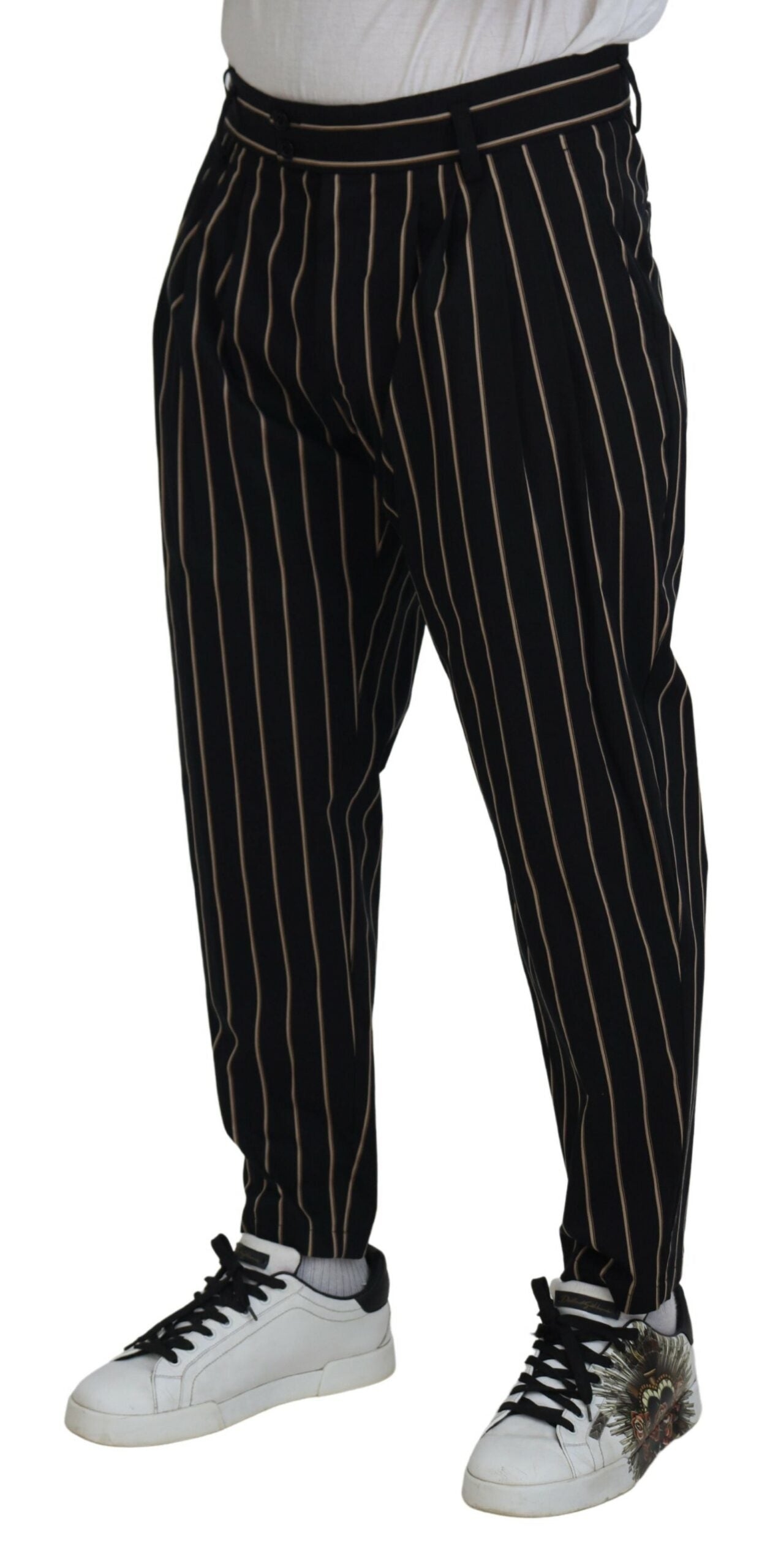 Black Beige Striped Cotton Stretch Pants - ventzia
