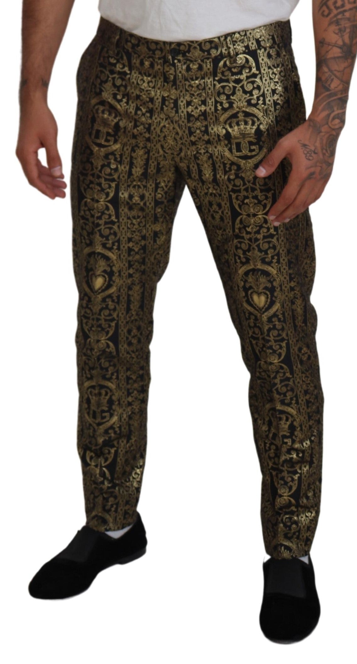 Black Gold Jacquard Dress Trouser Pants - ventzia