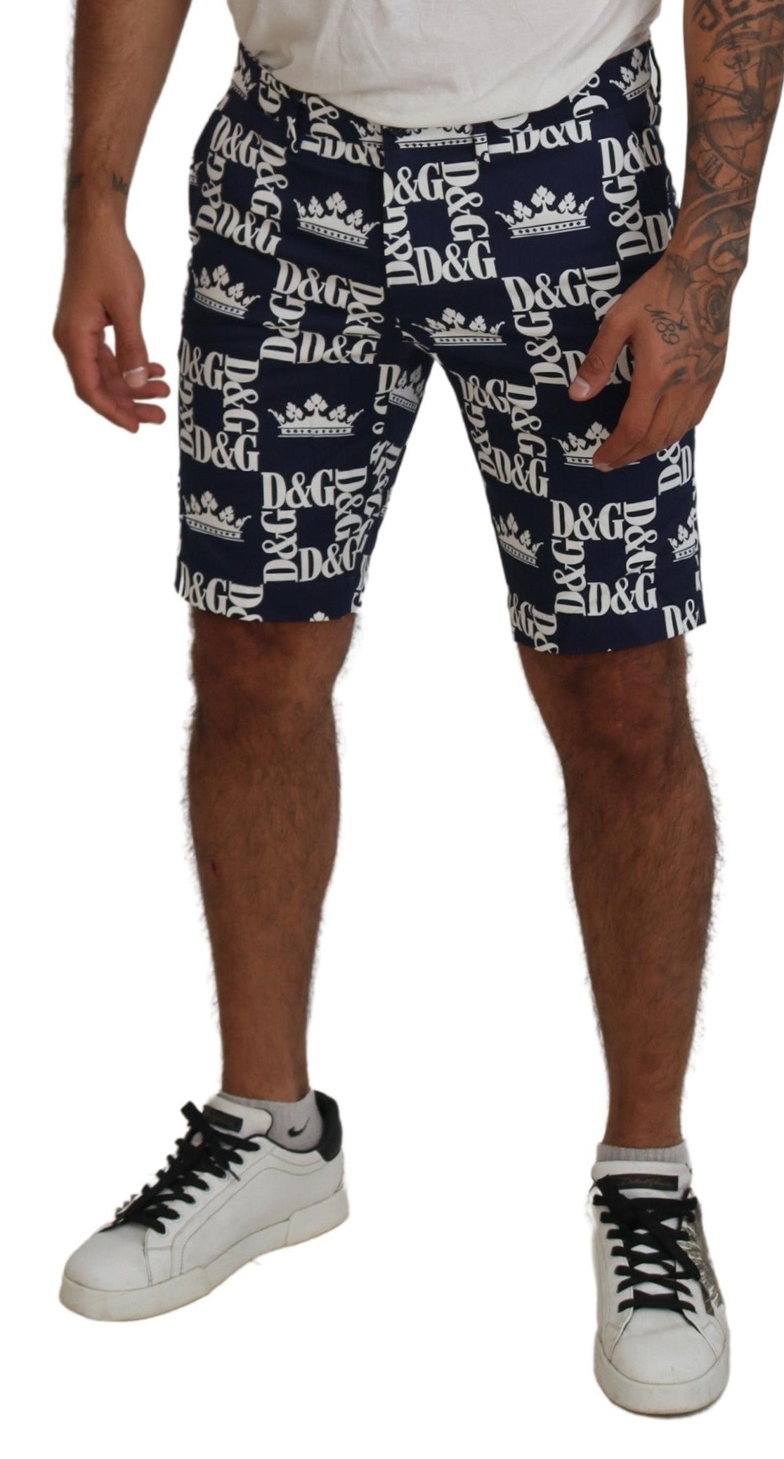 Blue Logo Print Cotton Chinos Shorts - ventzia