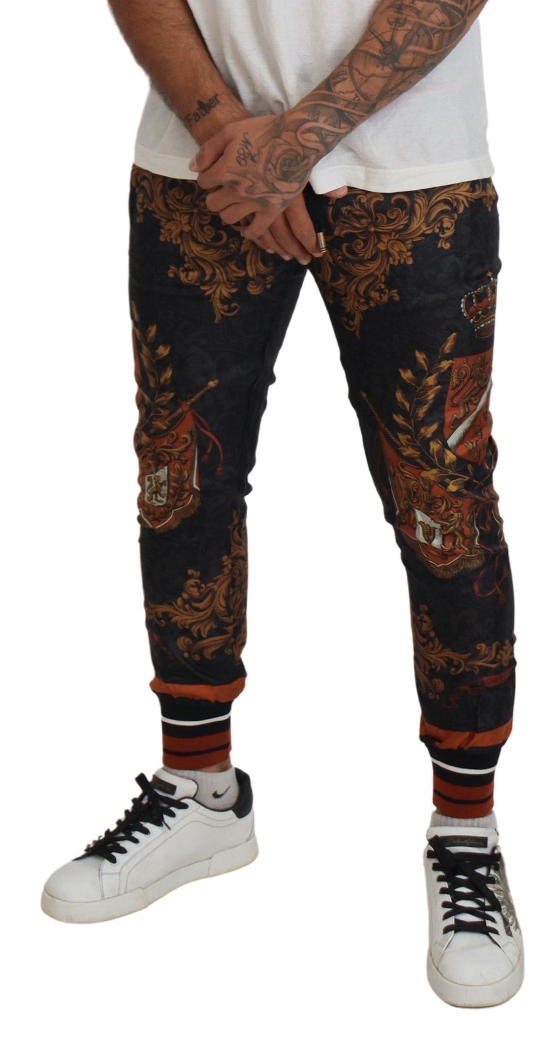 Gray Silk Baroque Crown Trousers Sport Pants - ventzia