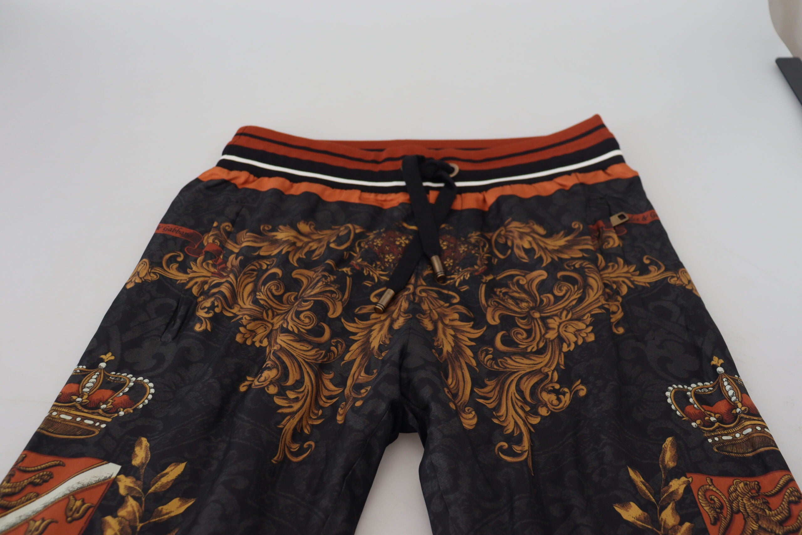 Gray Silk Baroque Crown Trousers Sport Pants - ventzia