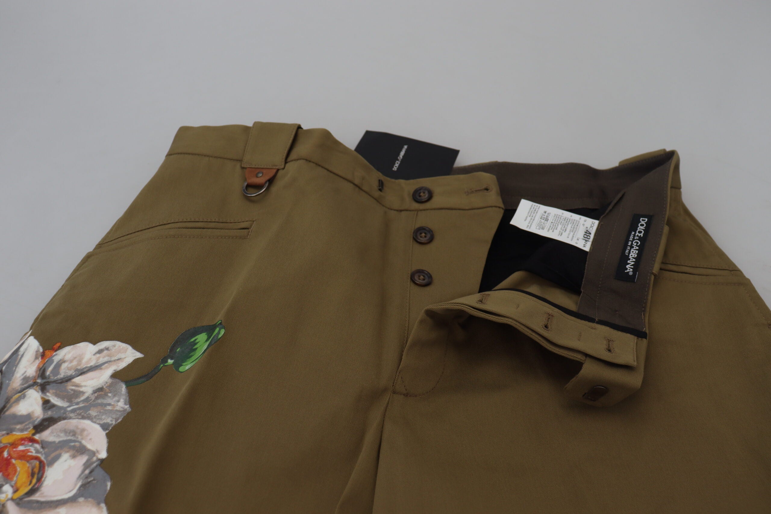 Beige Cotton Stretch Floral Chinos Pants - ventzia