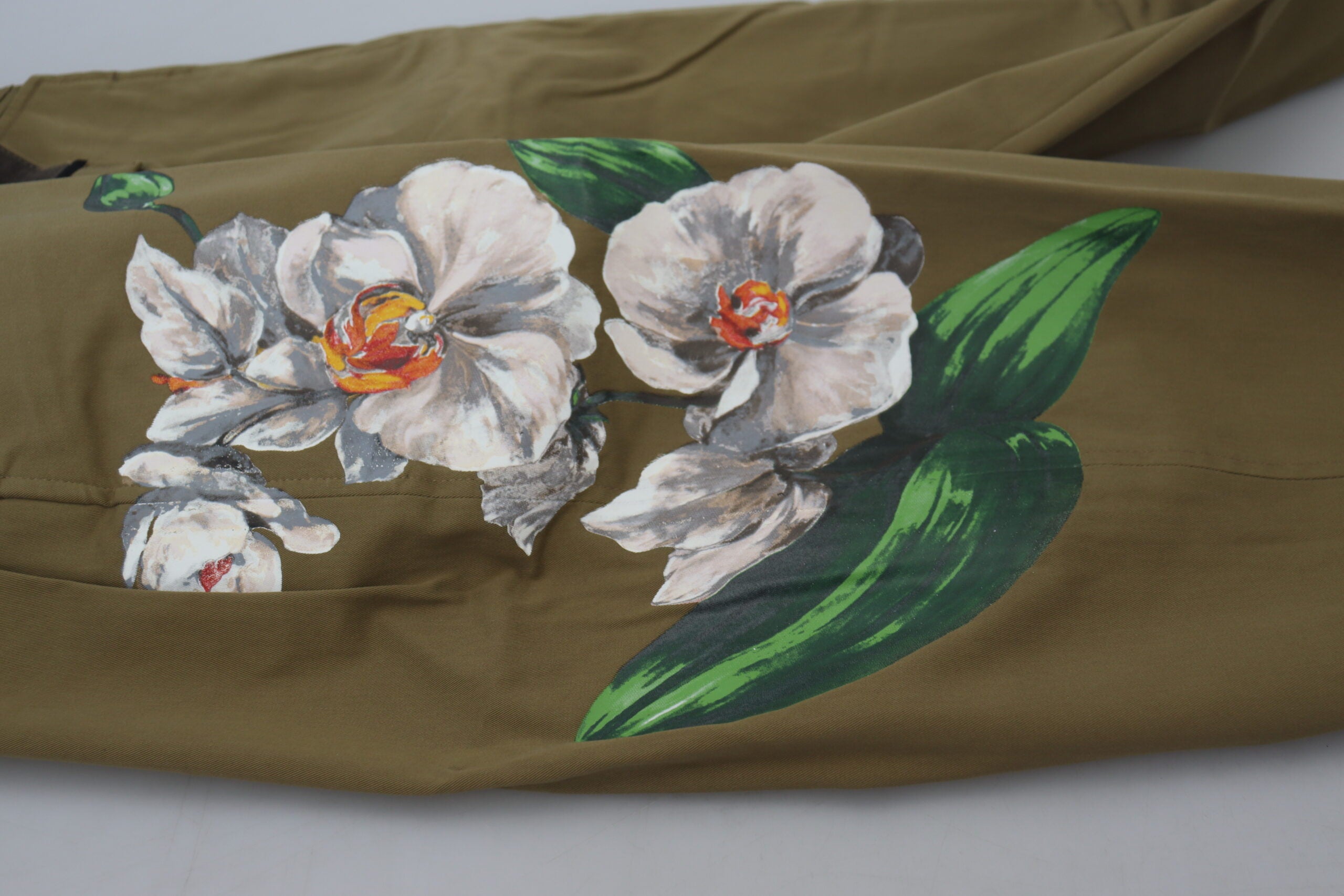 Beige Cotton Stretch Floral Chinos Pants - ventzia