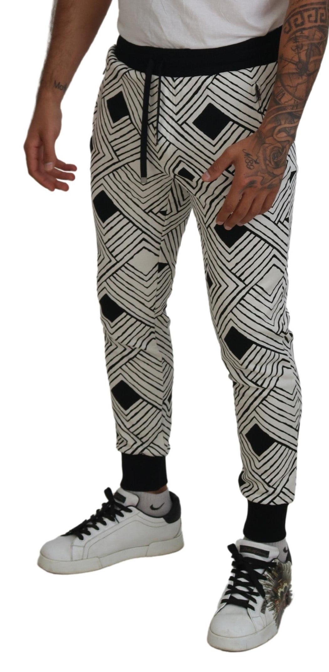 Black White Cotton Trousers Sport Pants - ventzia