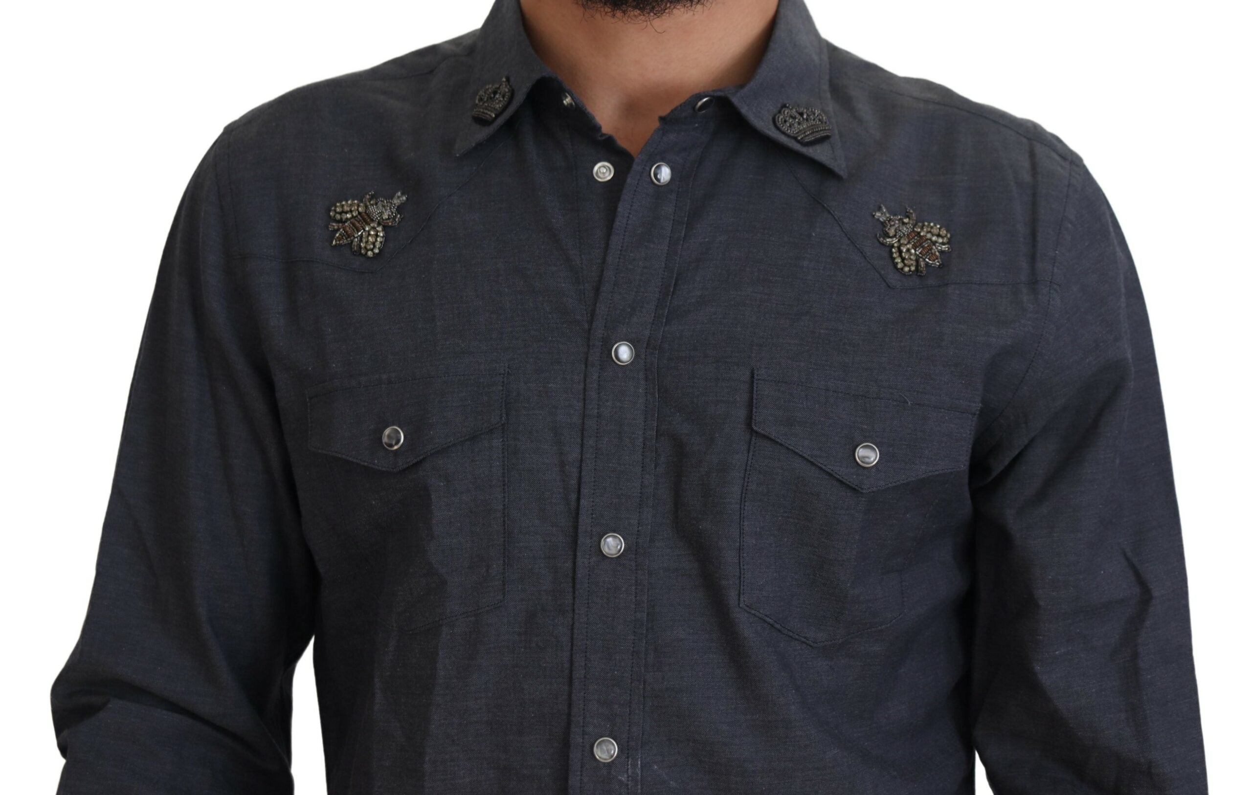 Blue Cotton Denim Crystal Bee Shirt - ventzia