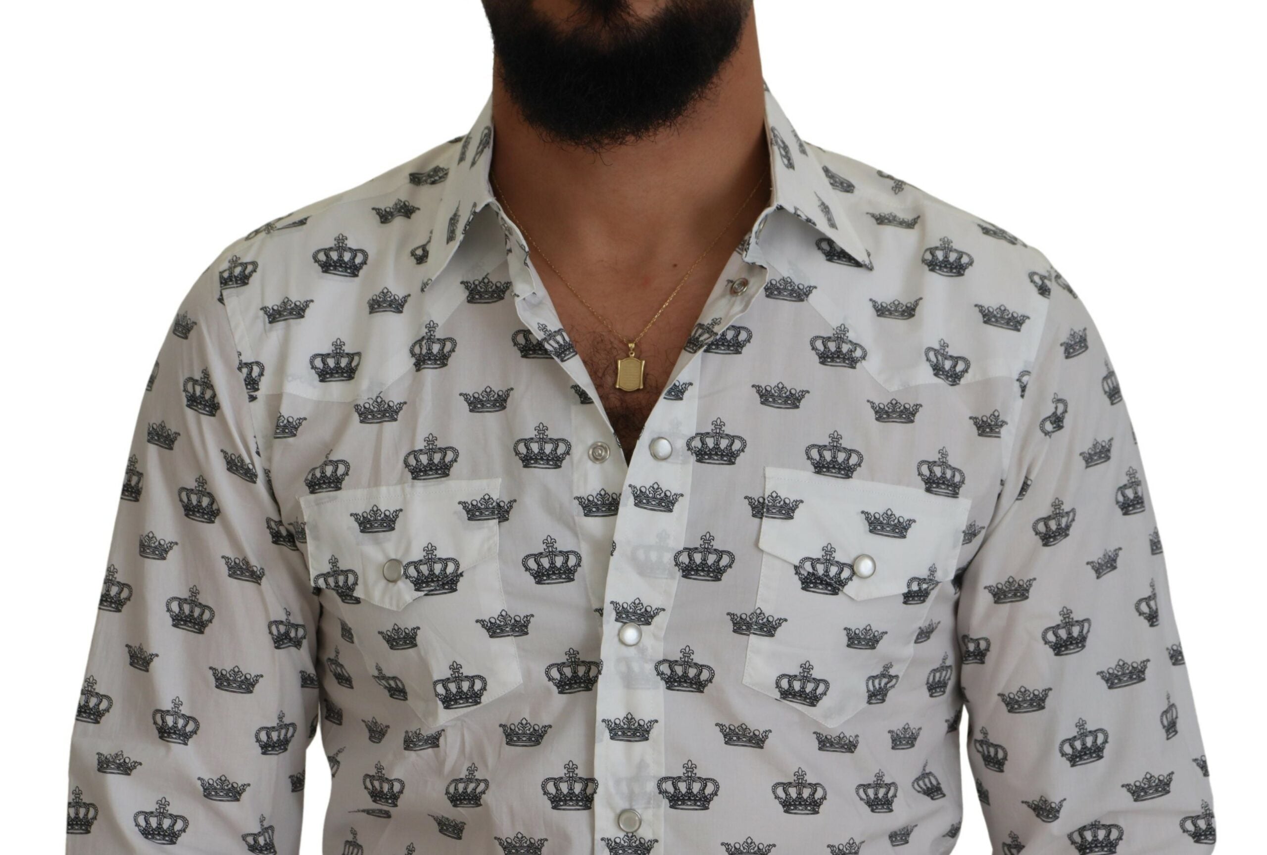 White Crown Print Slim Fit Cotton Shirt - ventzia