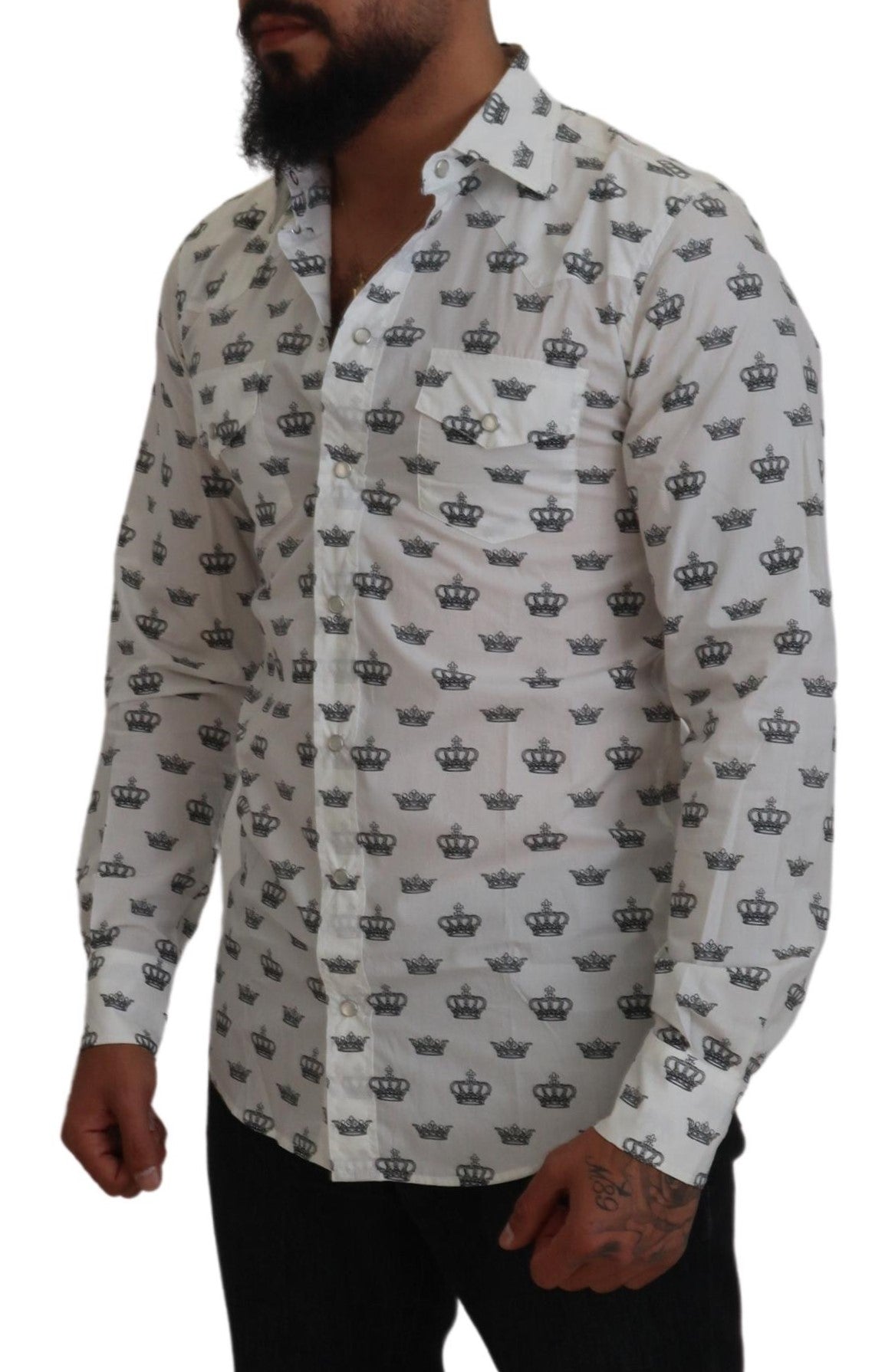 White Crown Print Slim Fit Cotton Shirt - ventzia