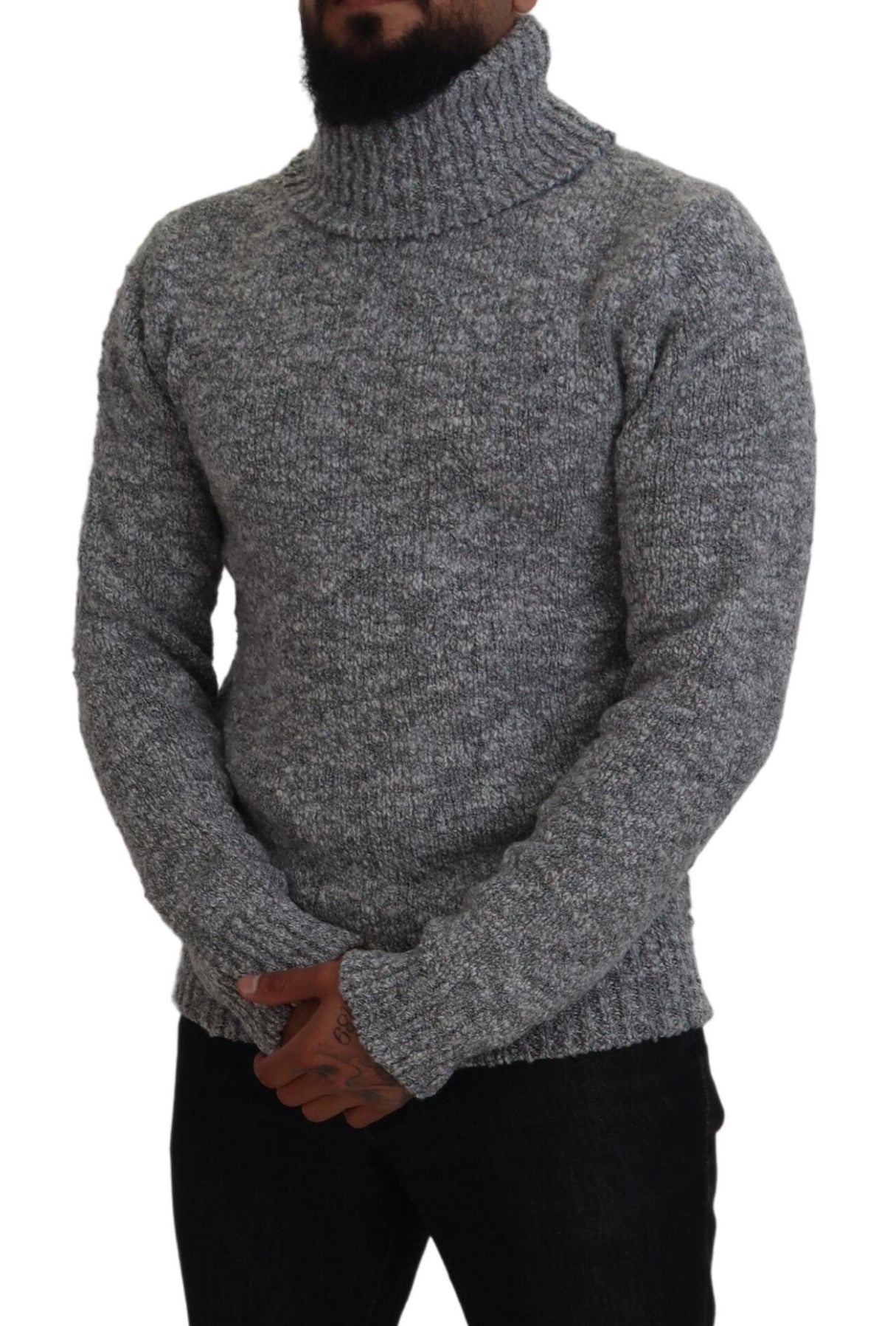 Gray Wool Knit Turtleneck Pullover Sweater - ventzia