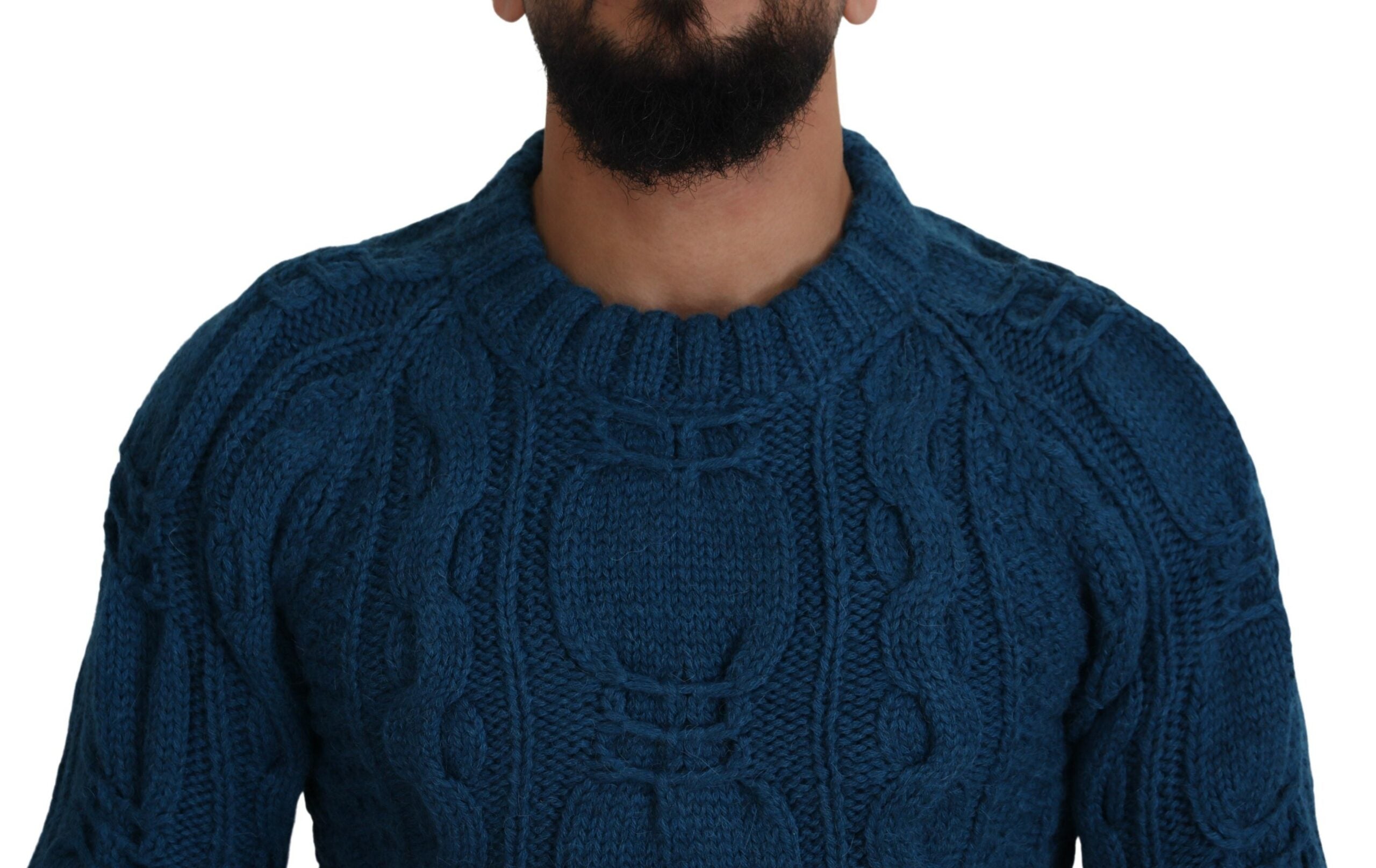 Blue Knitted Wool Alpaca Pullover Sweater - ventzia