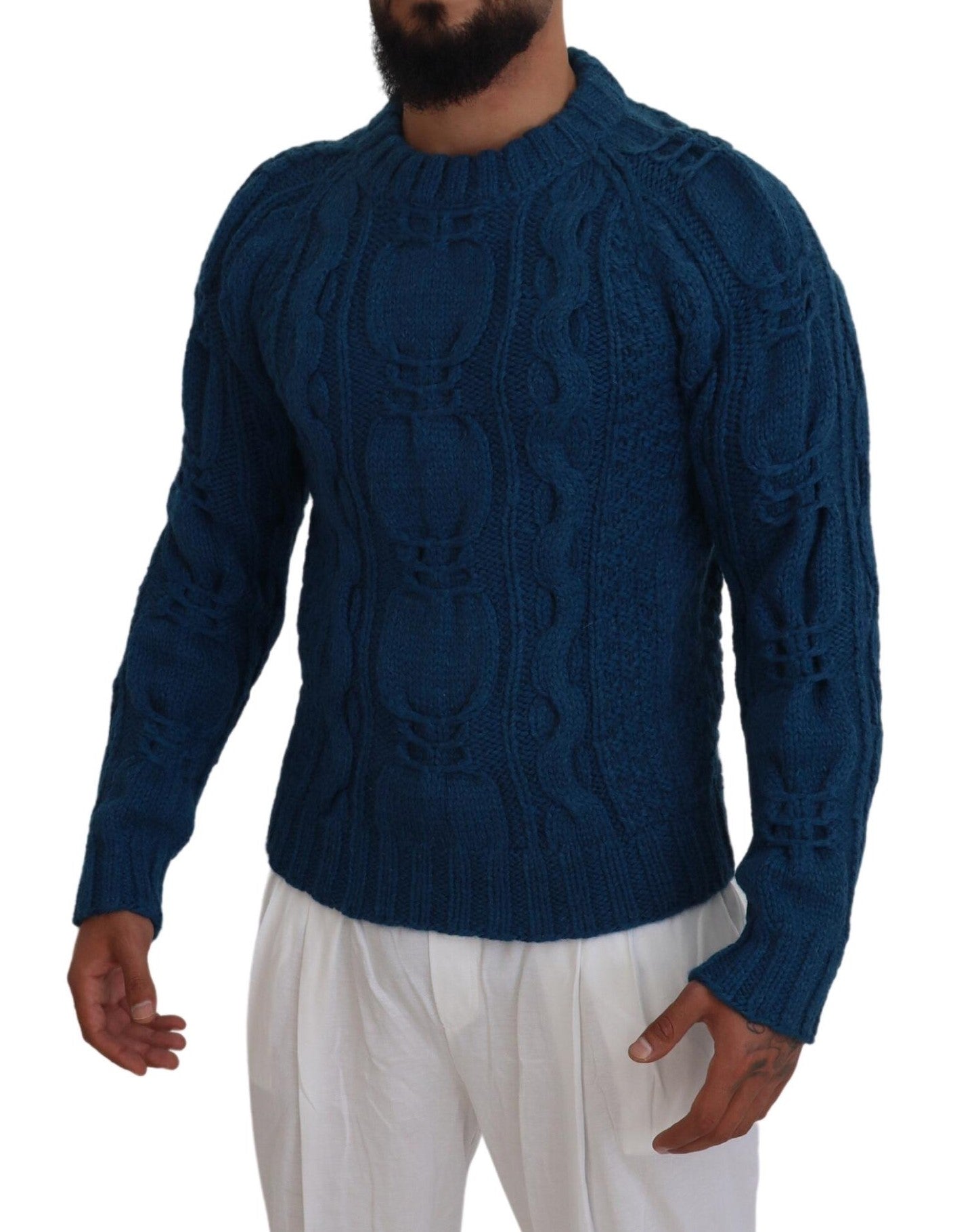 Blue Knitted Wool Alpaca Pullover Sweater - ventzia
