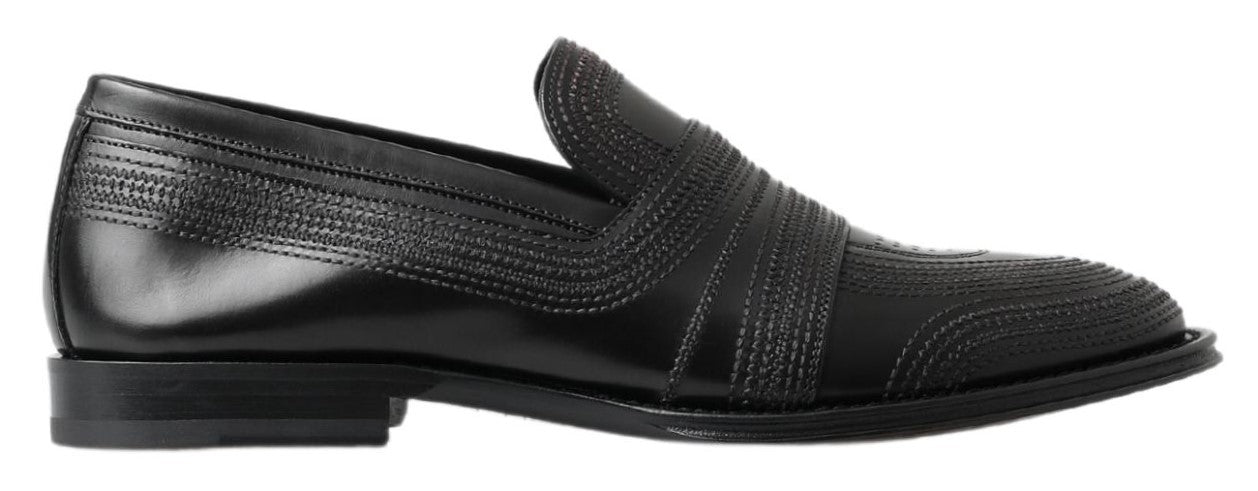 Black Leather Slipper Loafers Stitched Shoes - ventzia