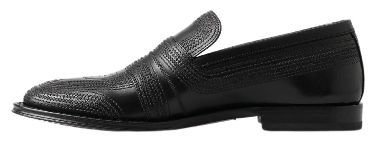 Black Leather Slipper Loafers Stitched Shoes - ventzia