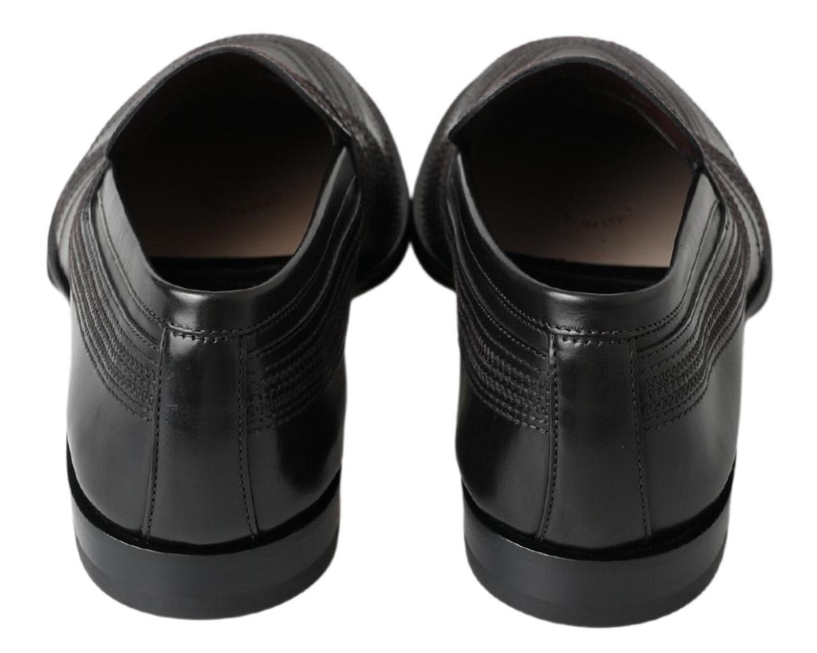 Black Leather Slipper Loafers Stitched Shoes - ventzia